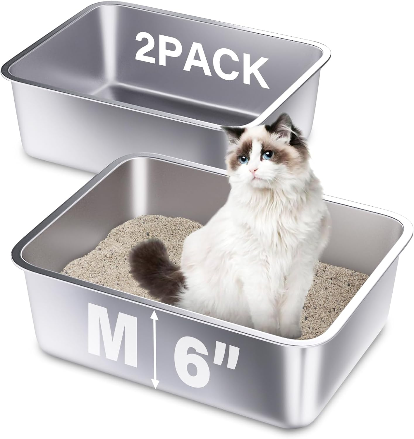 FUTAM Medium Silver Stainless Steel Cat Litter Box 2 Pack, 17.7"X13.8"X6" Easy to Clean, No Smell for Adult Cats image number 2