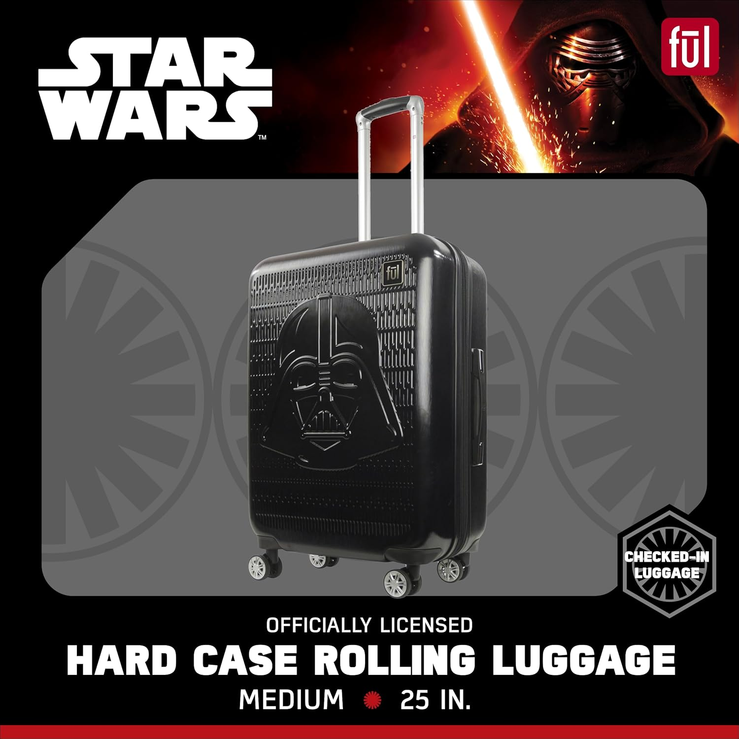 FUL Star Wars Darth Vader Rolling Luggage, Embossed Hardsheel Suitcase with Wheels