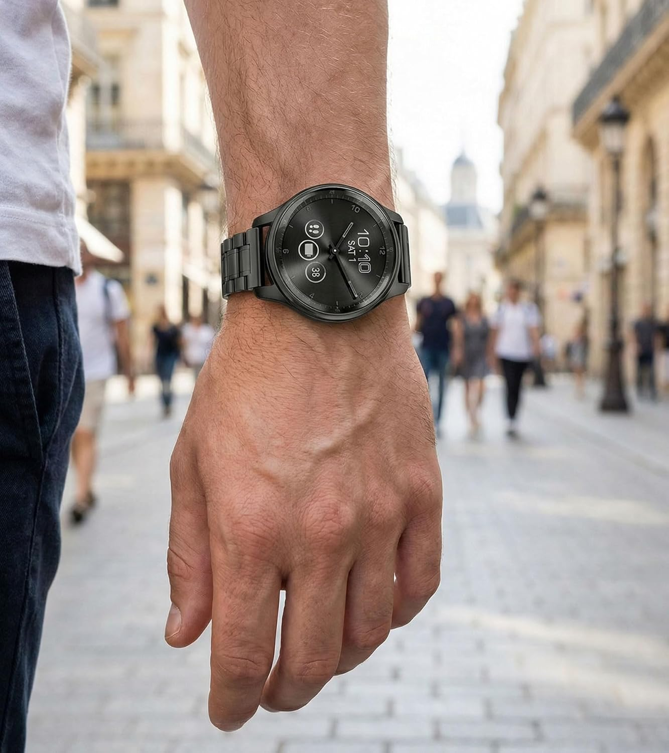 Hiseus Bracelet Compatible with Garmin Vivomove Sport Style Trend, Chic Metal Replacement Strap for Men and Women - Black image number 4