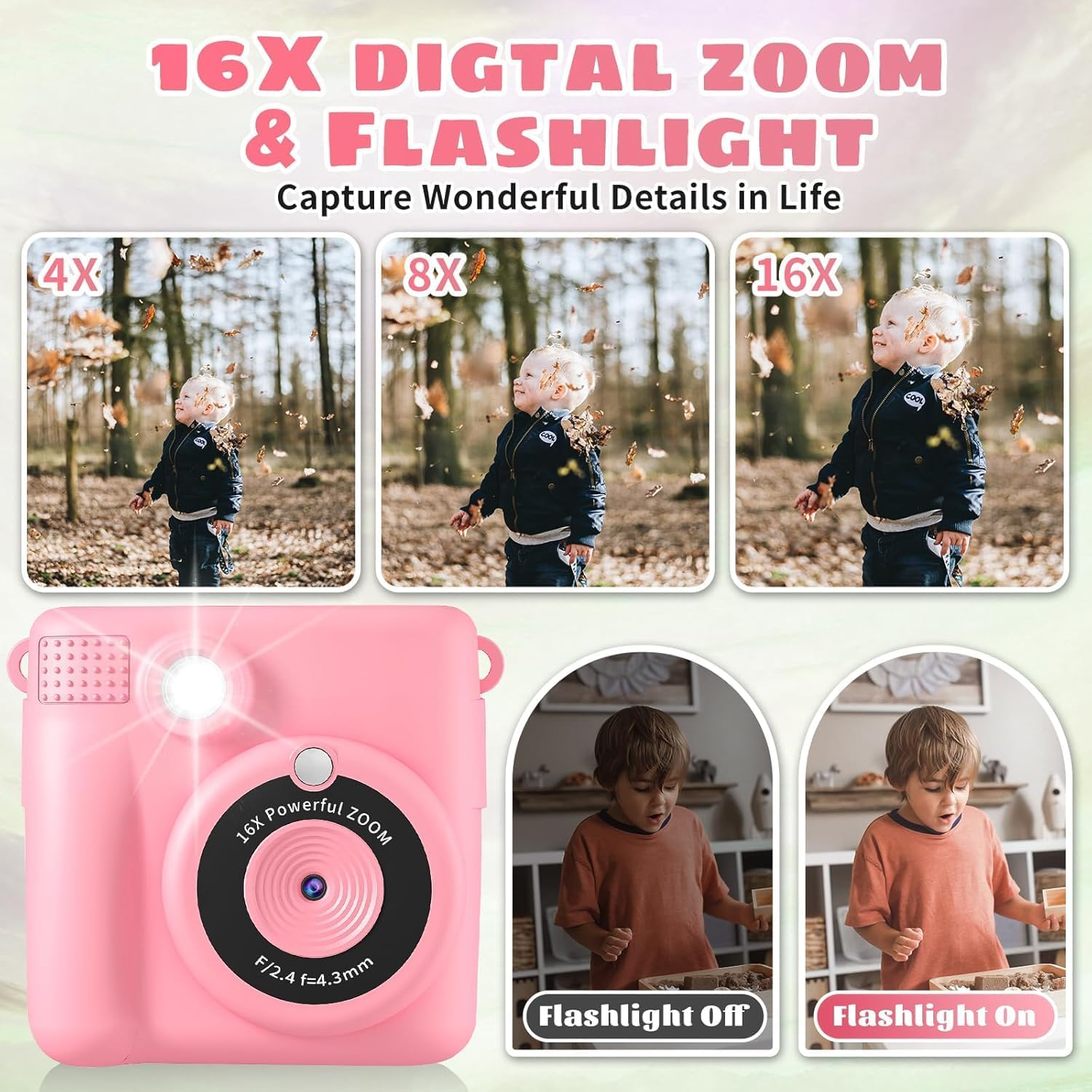 Kids Camera - Children'S Instant Camera Print 1080P 2.4 Inch Screen, Digital Camera with 16X Digital Zoom, 32GB TF Card, Card Reader, Colored Pens for 3-12 Boys and Girls Years Gift PINK - Purple image number 4