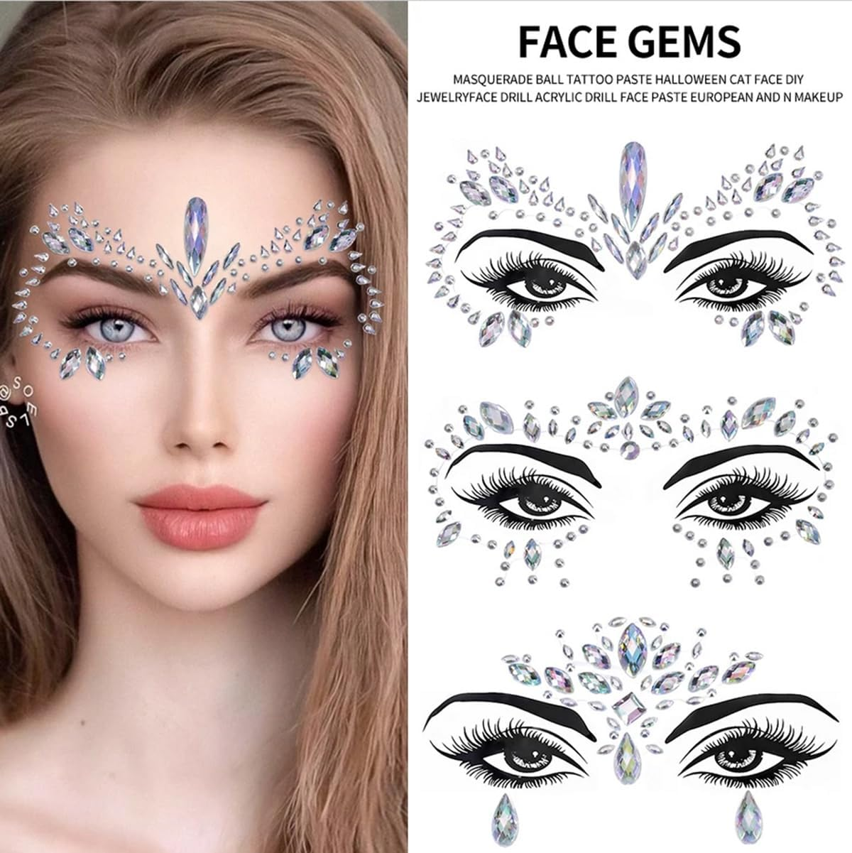 5Pcs/Set 3D Rhinestone Face Sticker Festival Party Glitter Diamond Makeup Jewelry Face Tattoo Sticker Crystal Gems Jewels Face Decoration