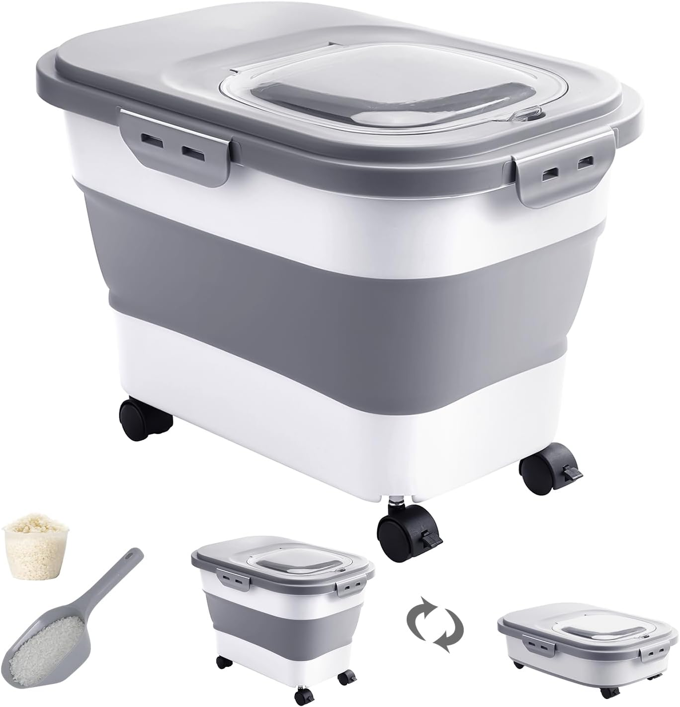 DDMOMMY 20-30 Lbs Rice Storage Container,Collapsible Food Storage Containers with Rolling Wheel Airtight Locking Lid,Flour Storage Container with Cup and Scoop,Suitable for Food,Rice,Pet Food,Flour image number 1
