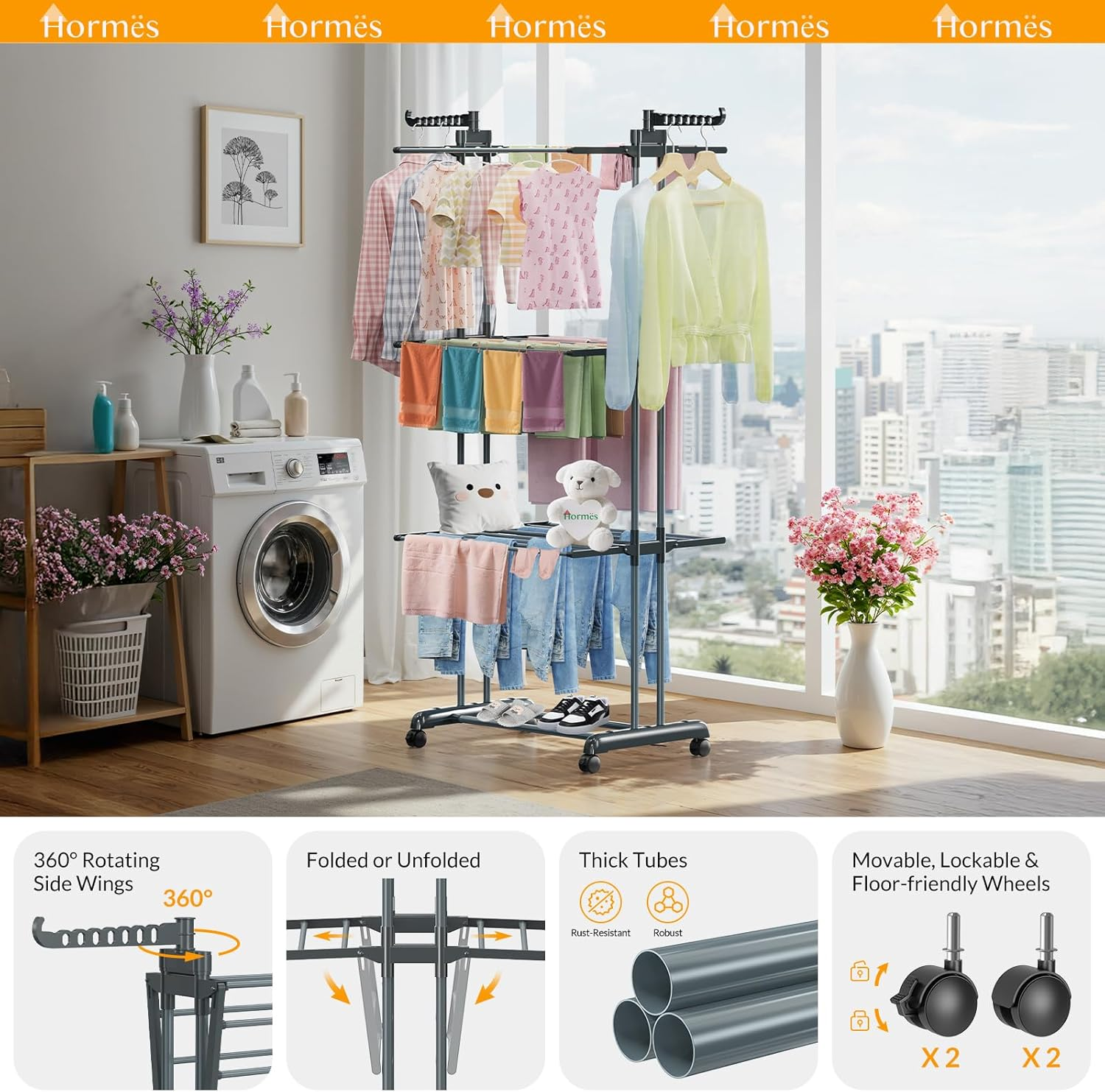 Hormes Clothes Drying Rack, Foldable 4 Tier Clothes Airer, Stainless Steel Clothes Horse with Two Side Foldable Wings, Laundry Drying Rack for Indoor & Outdoor Use, with Install-Friendly Hammer, Grey