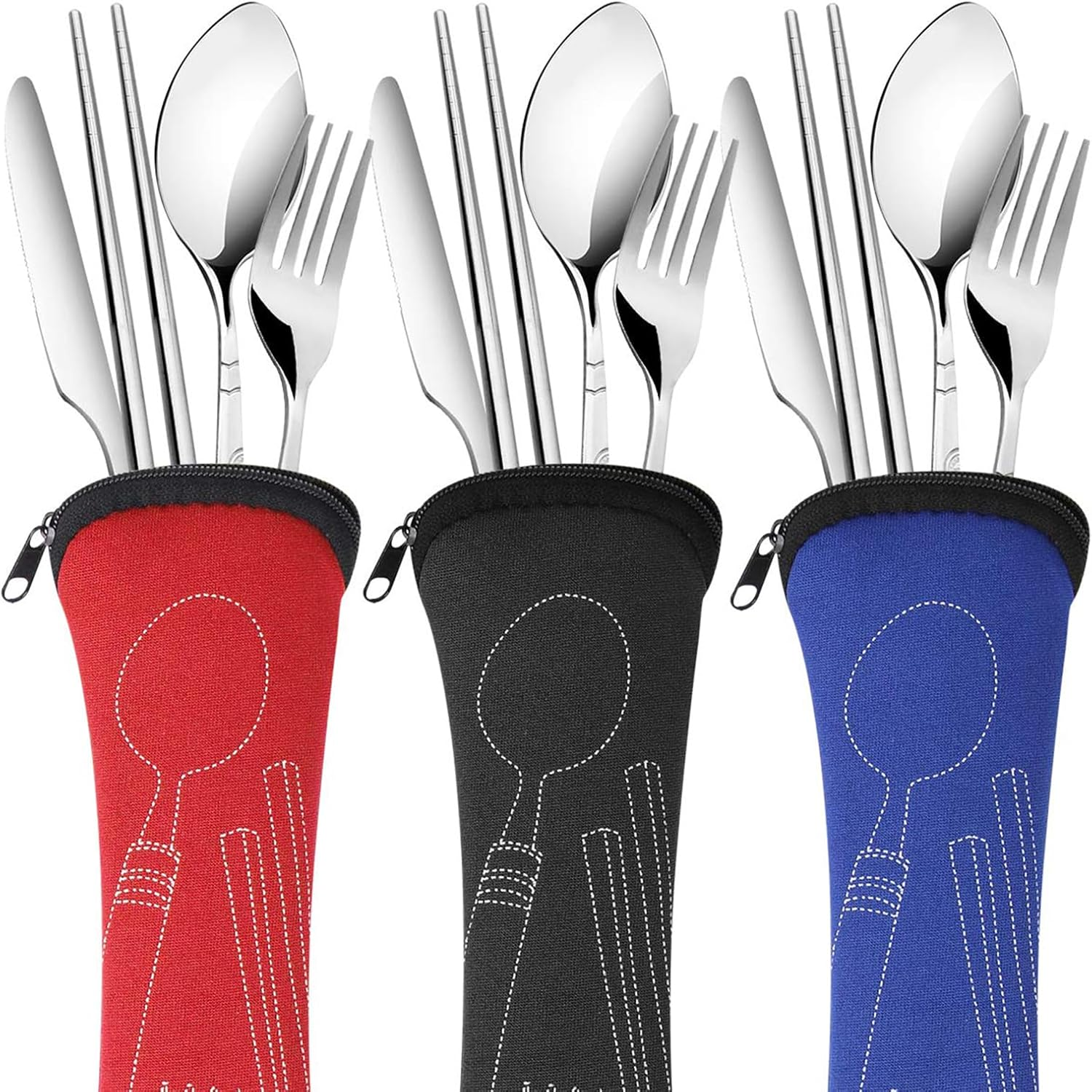 12 Pieces Portable Cutlery Set, 3 Pack Reusable Flatware Sets Knife, Fork, Spoon, Chopsticks, Stainless Steel Tableware Dinnerware with Carrying Case for Camping Picnic Working Hiking image number 6
