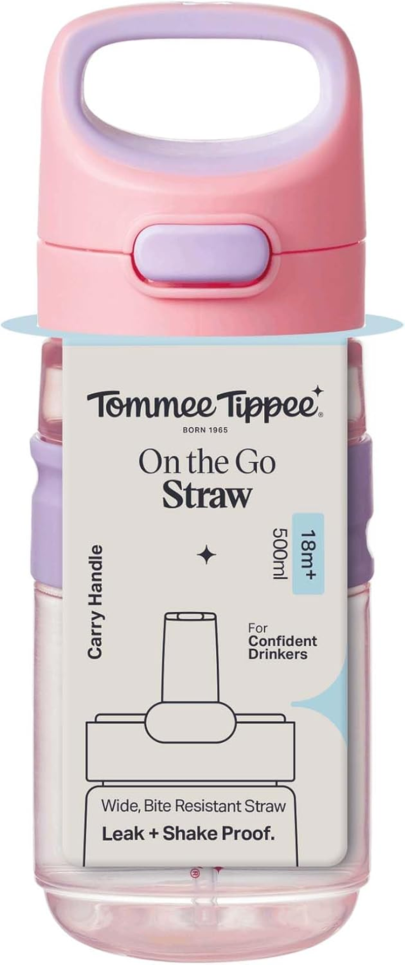 Tommee Tippee On-The-Go Straw Cup, 500Ml, Non-Spill Sporty Toddler Water Bottle for 18 Months+, Push-To-Open Lid Helps Keep Wider Straw Clean, Assorted Colours, 1 Pack image number 1