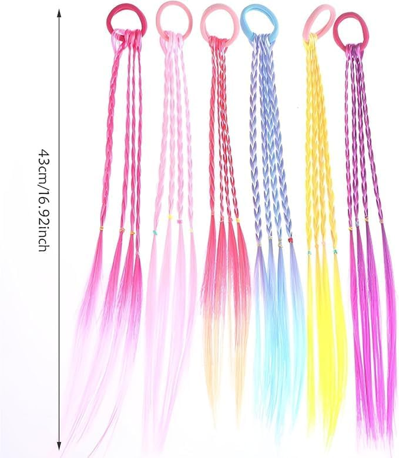 SHUNYUNG Colored Braids Hair Extensions, 12Pcs Rainbow Color Ponytail, Braided Hair Piece with Rubber Bands, Girls Hair Accessory, 17 Inch Length, Clip-In Installation image number 3
