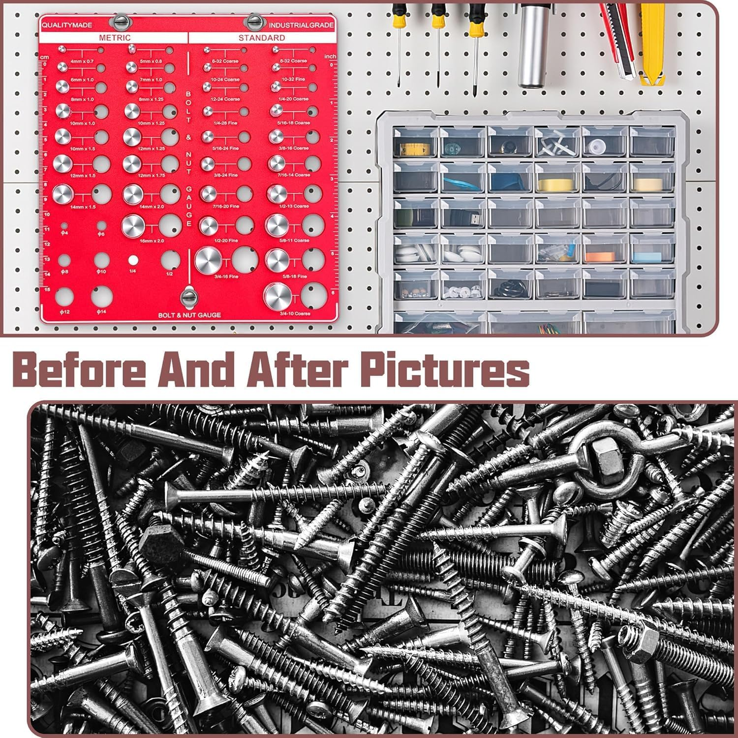 34 Nut and Bolt Thread Checker, Bolt and Nut Identifier Gauge Thread Checker Standard and Metric Board Wall Mount Screw Size and Thread Gauge Square image number 2