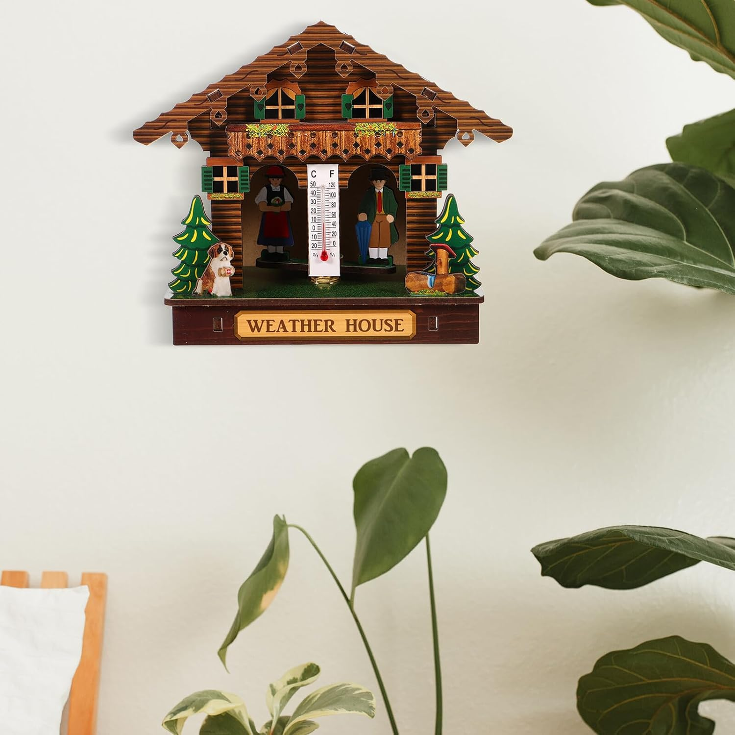 Weather House Wooden Barometer Hygrometer Thermometer Wall Mounted Indoor Climate Gauge with Temperature Humidity Monitor for Home Decoration image number 5