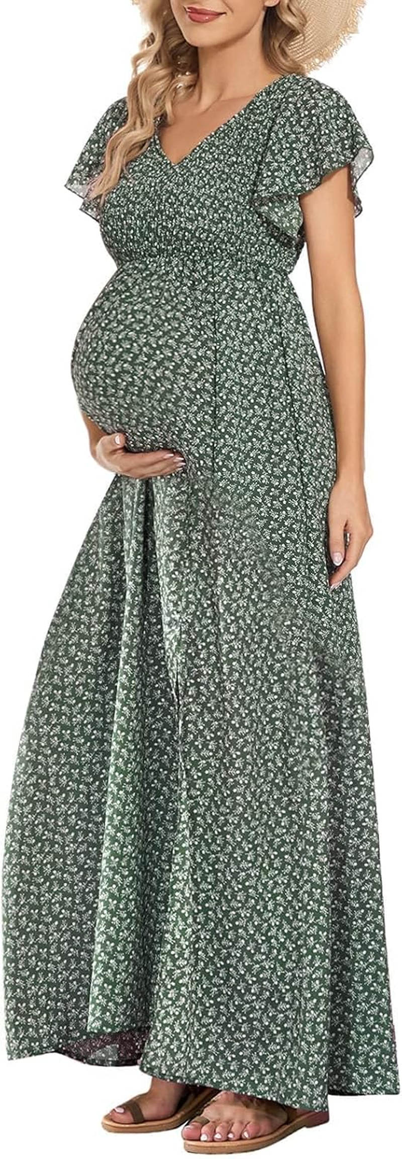 Floral Print V Neck Maternity Dress, Photoshoot Baby Shower Flutter Sleeve Smocked Boho Split A-Line Maxi Dresses