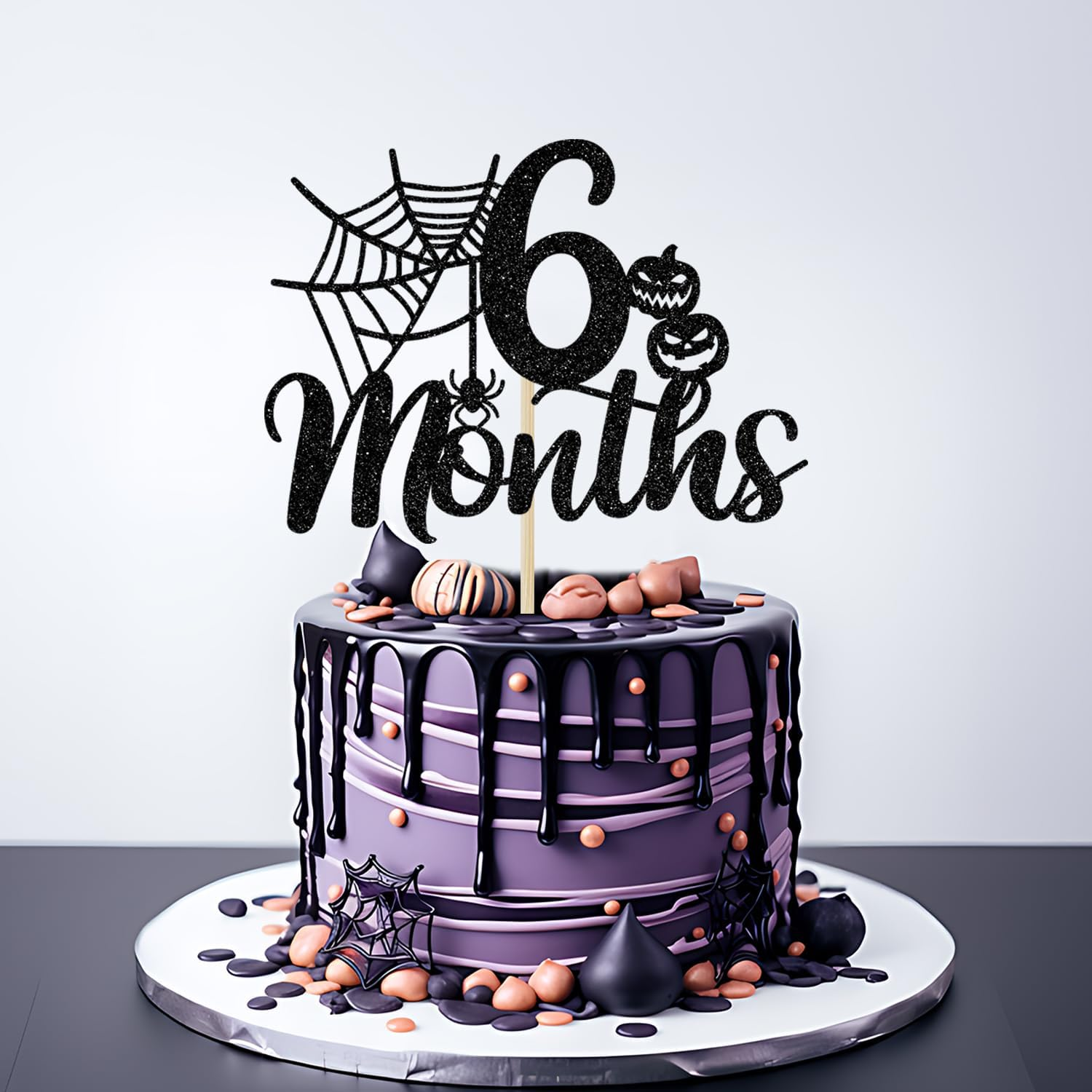 Halloween 6 Months Cake Topper, Halloween Half Birthday Cake Topper, Spider Web Half Birthday Decor, Halloween Themed Birthday Baby Shower Party Decorations, Black Glitter image number 6