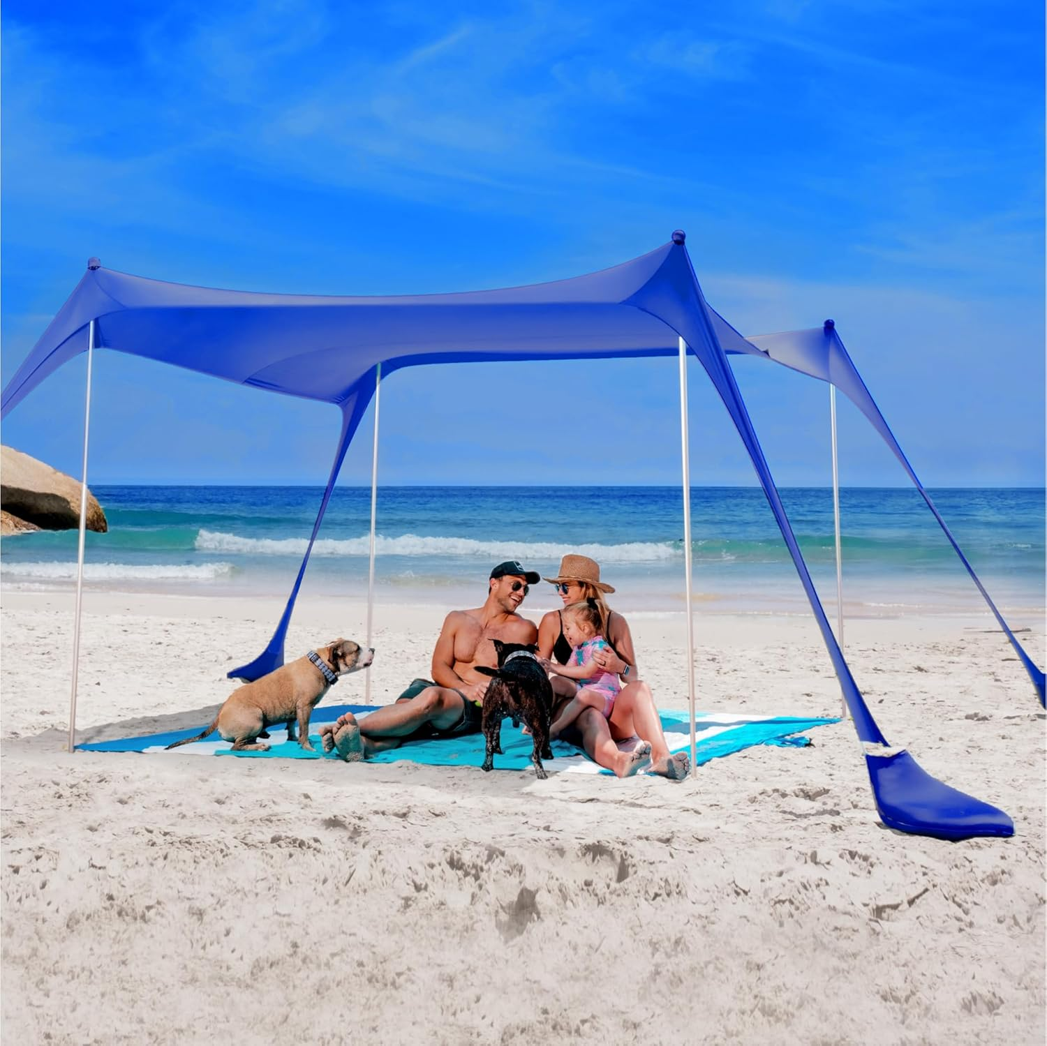 SUN NINJA Pop up Beach Tent Sun Shelter UPF50+ with Sand Shovel, Ground Pegs,And Stability Poles, Outdoor Shade for Camping Trips, Fishing, Backyard Fun or Picnics (10X10Ft 4 Pole, Navy)