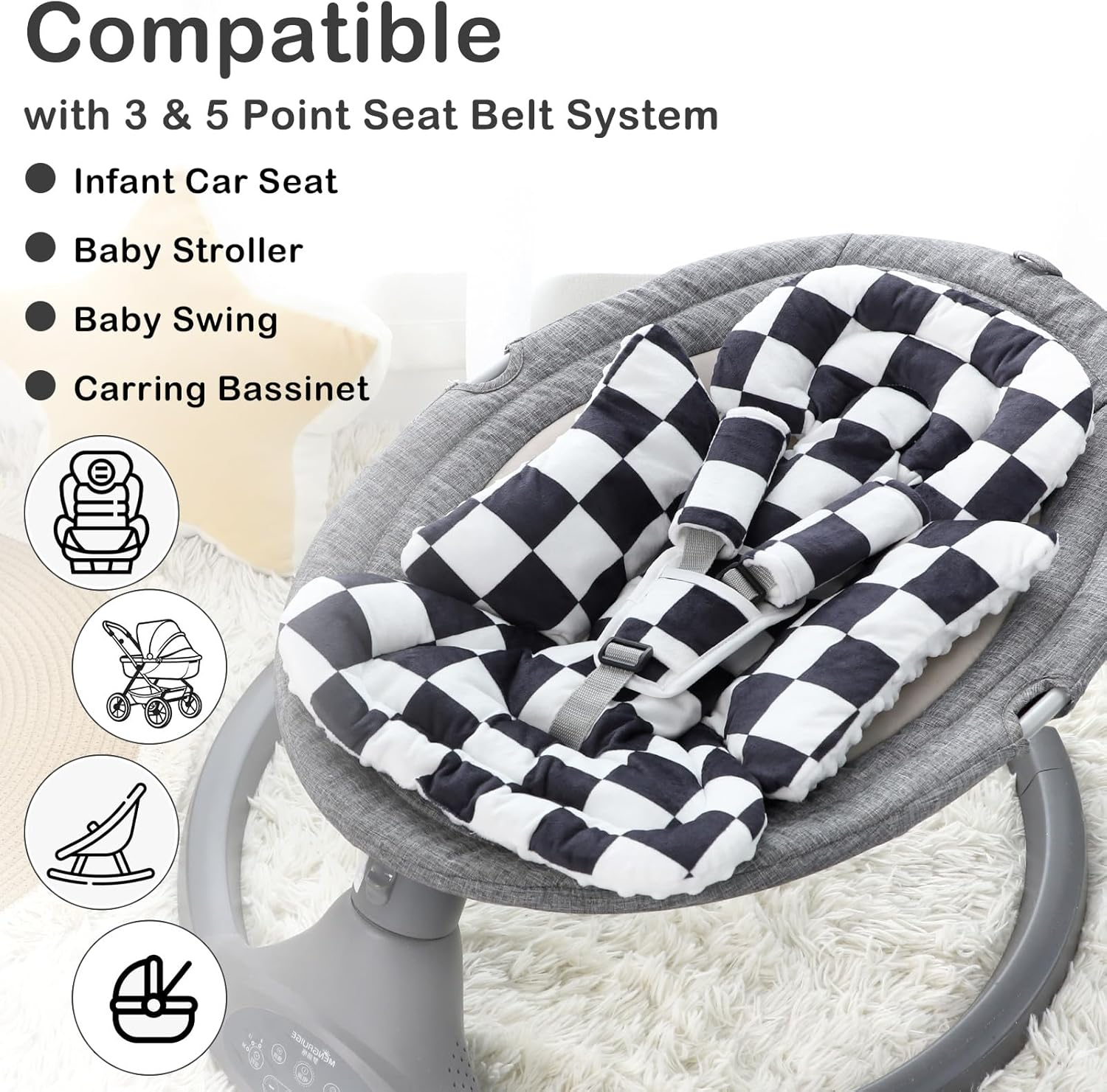 DILIMI Infant Car Seat Insert, Baby Car Seat Head Support with 3 Strap Paddings, Soft Newborn Carseat Cushion Insert for Stroller, Swing, Bouncers, Black Checkered image number 6