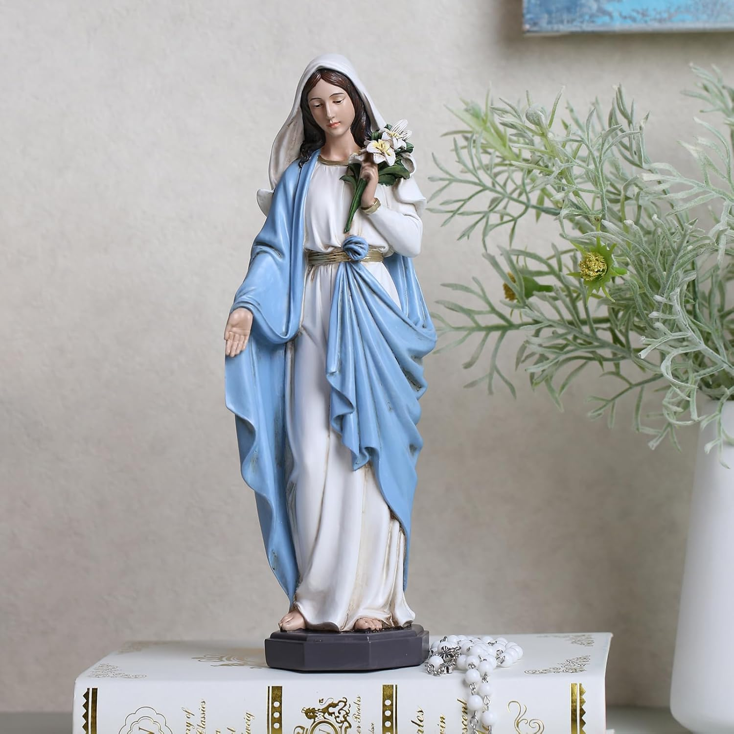 Grace4Joy Blessed Mother Mary Statue - 10 Inch Madonna Virgin Mary Statue Elegant Home Decor, Hand Painted Saint Mary Holding Lilies Figurine Renaissance Collection