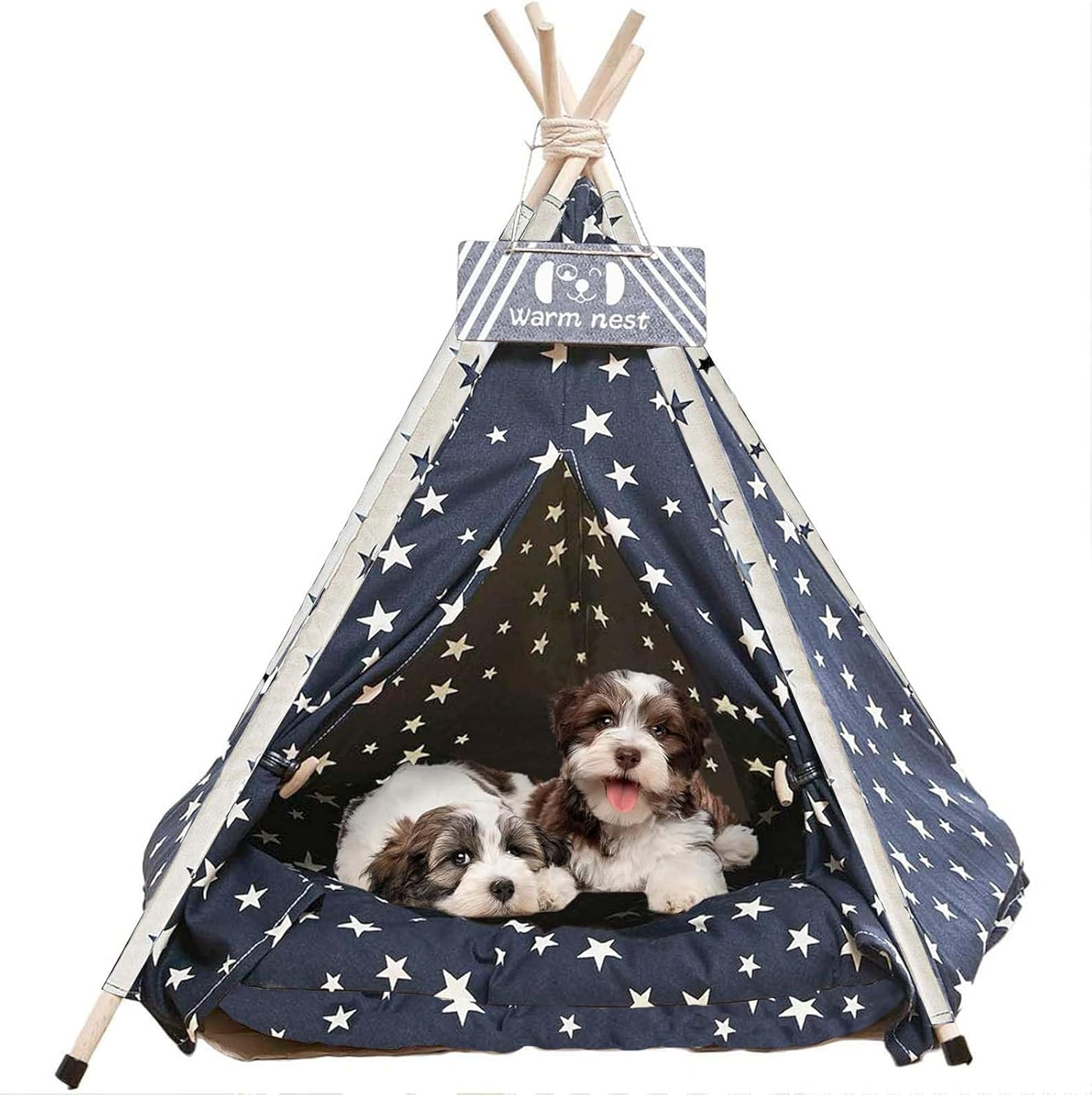 Pet Teepee Tent 60 Cm &ndash; Portable Indoor Dog and Cat Bed with Plush Cushion, Washable Navy Blue Stars Pattern Tent House, Ideal for Puppies and Kittens image number 4