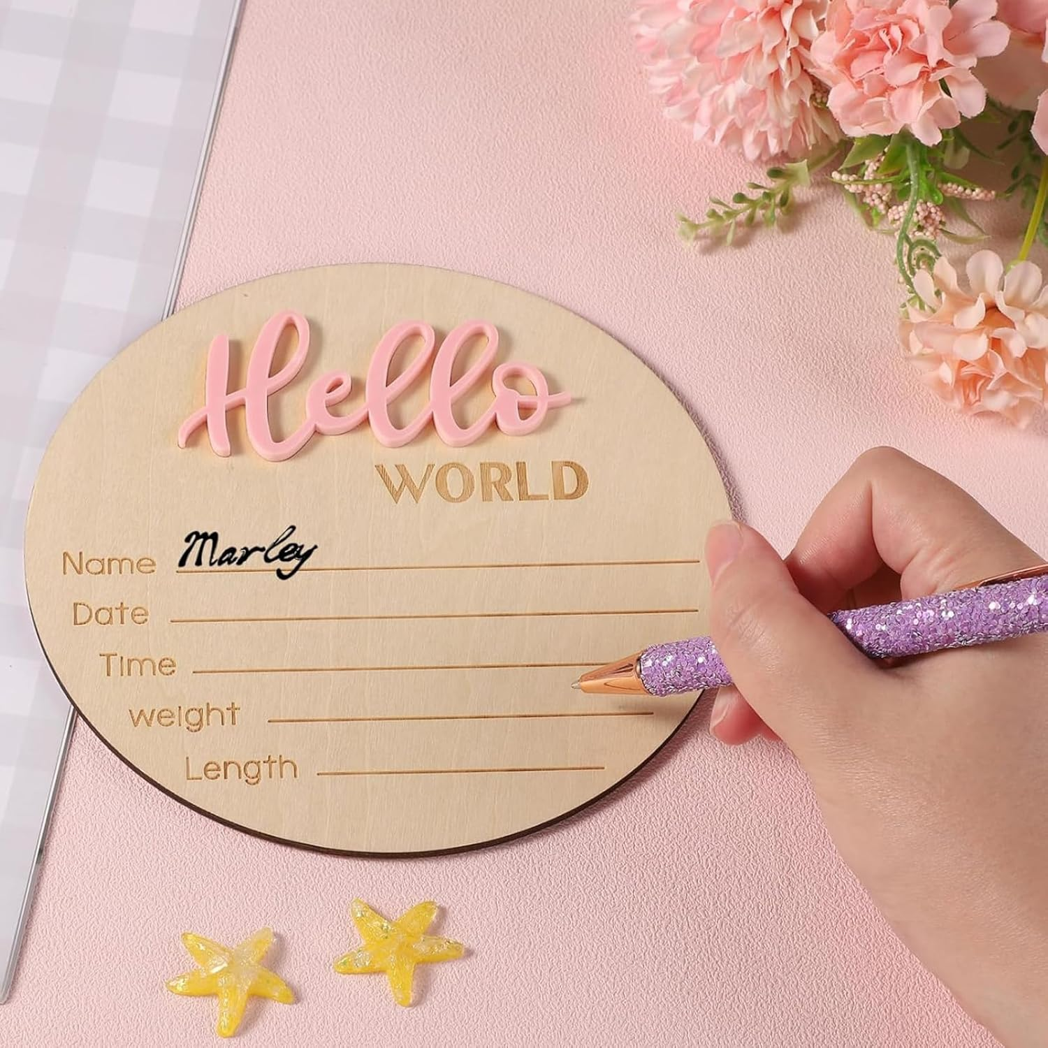 RIKONDA Wooden Baby Birth Announcement Sign, 15Cm Hello World Plaque for Newborn Photo Props, Nursery Wall Decor(Light Pink) image number 1