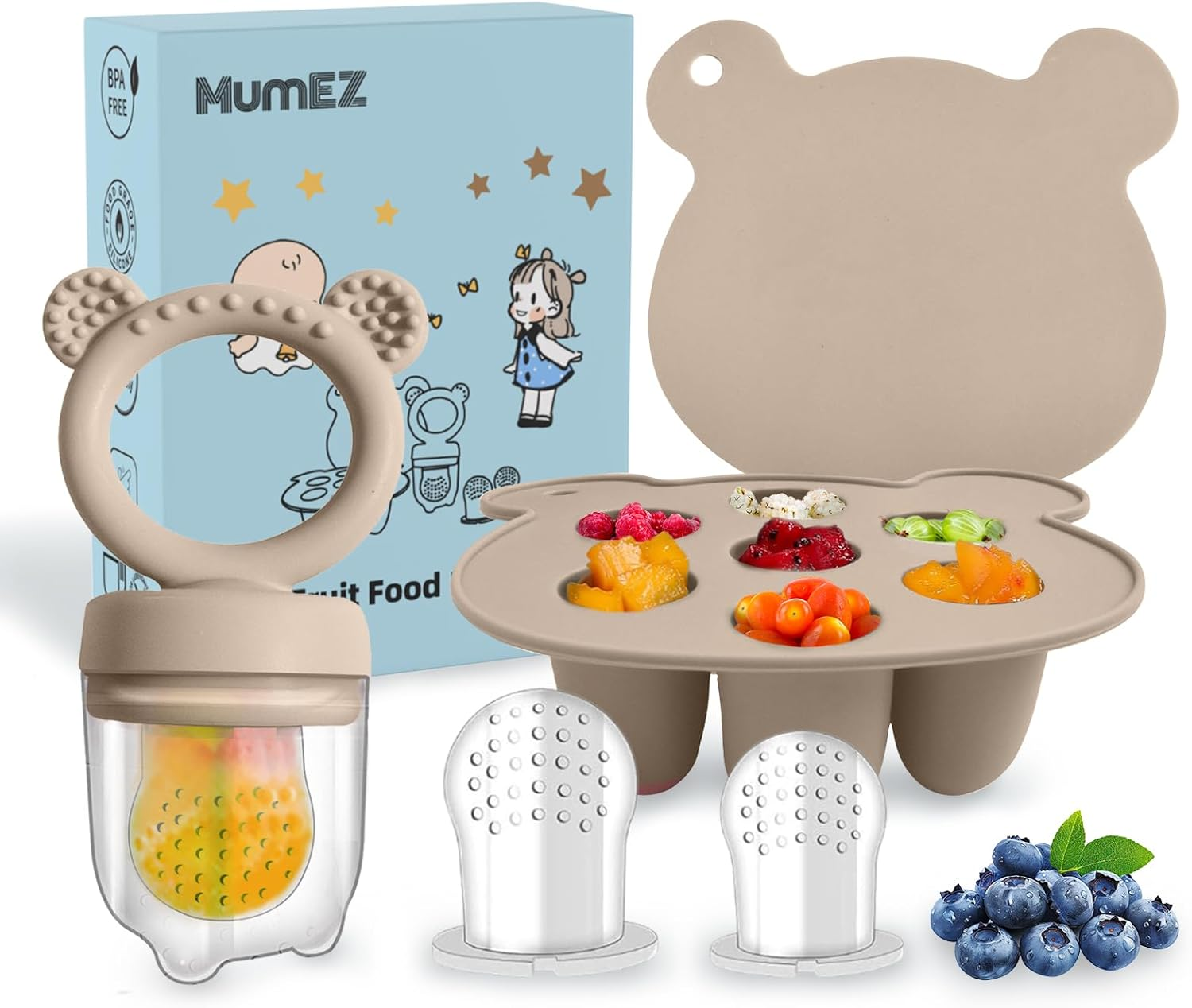 Baby Fruit Feeder Pacifier - Convenient Baby Food Feeder Set, Easy Self-Feeding Journey with Baby Food Dummy Feeder, Baby Food Freezer Trays Included（Gray）