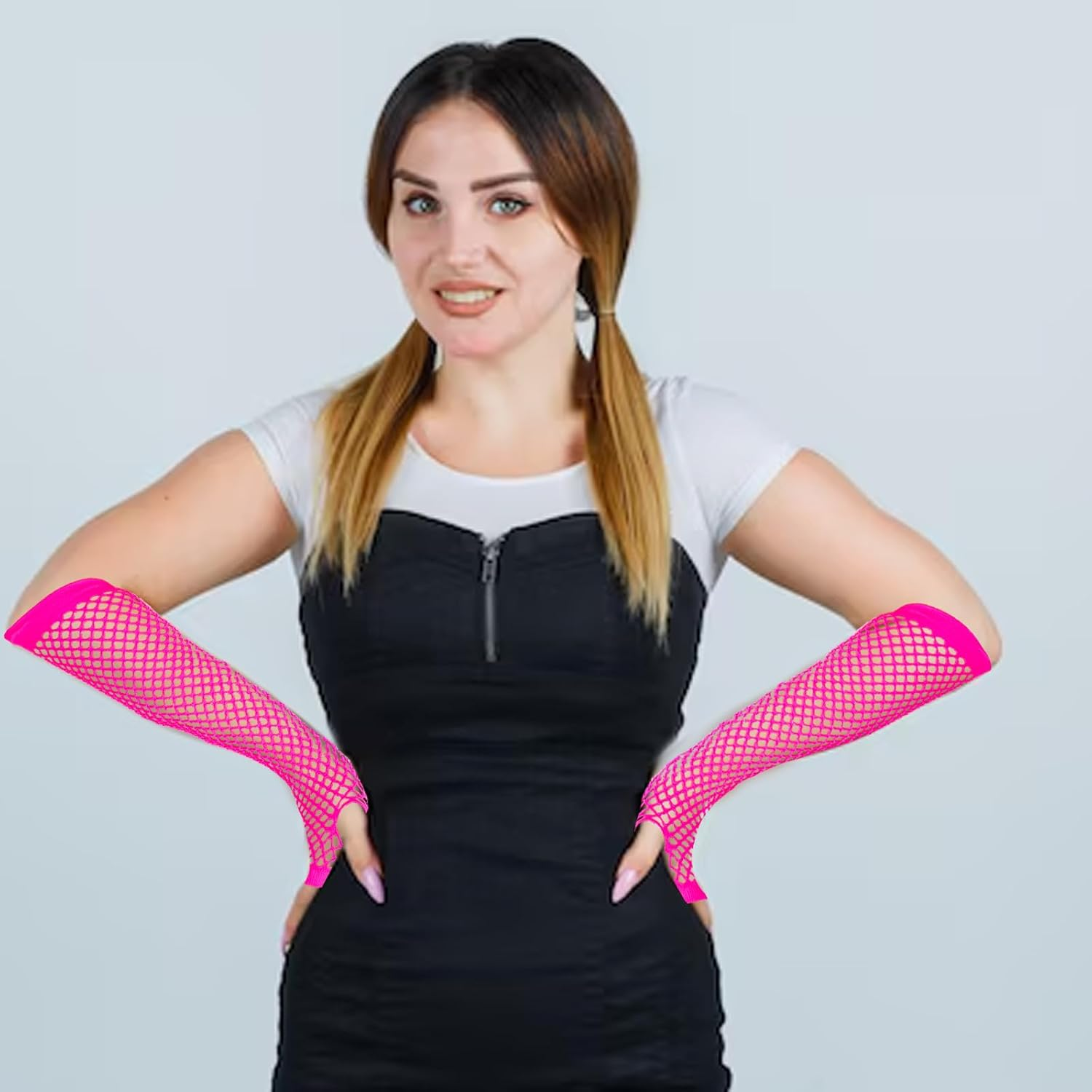 Skrfren 2 Pairs Fishnet Gloves Fingerless for Women, Women'S Mesh Emo Fingerless Arm Fishnet Gloves for 80S Costume Theme Party, Fish Net Arm Sleeve Mesh, Hot Pink, Long&Short image number 5