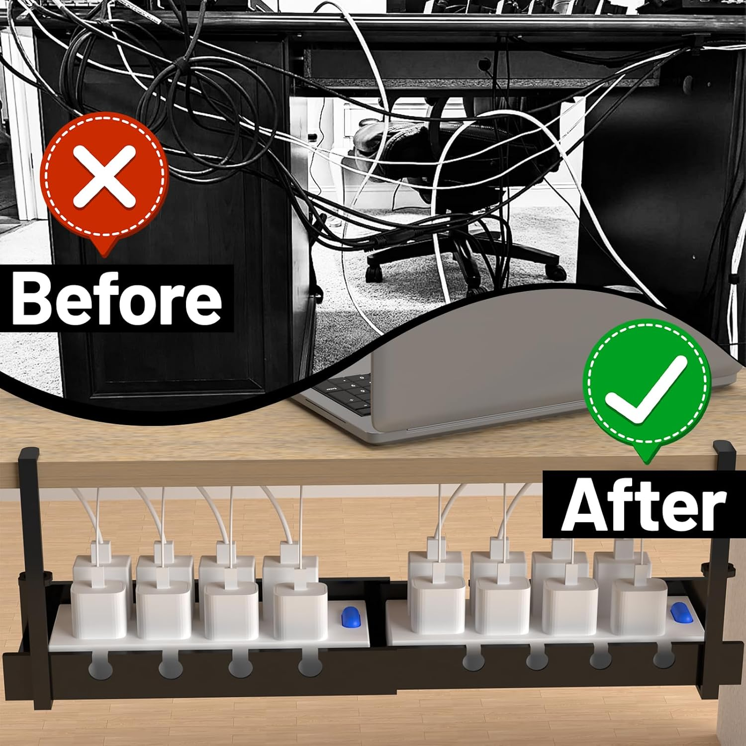 Extendable under Desk Cable Management Tray,11-21Inch Expandable Non-Drilled Metal Cable Management Tray with Desk Clamp,Cable Management Rack for Home Office Vertical Desk image number 1