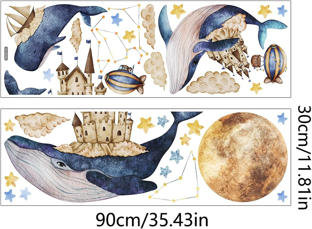 Whale Castle Wall Stickers,Large Whales Dolphins Star Moon Wall Art Decals Peel and Stick Wall Stickers for Boy Bedroom Kids Room Baby Nursery image number 3