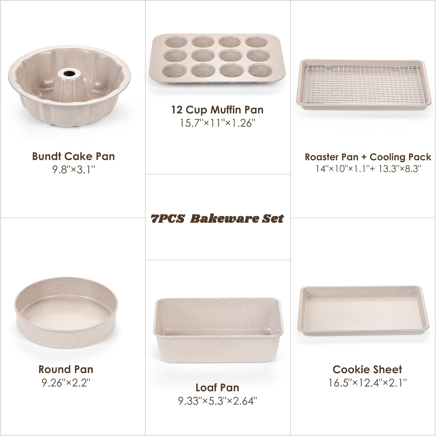 Nonstick Bakeware Set - 7 Piece Oven Bakeware with Cookie Sheet, Cake Pan, Loaf Pan, Muffin Pan, Roaster, Cooling Rack - PTFE & PFOA Free Baking Supplies image number 1