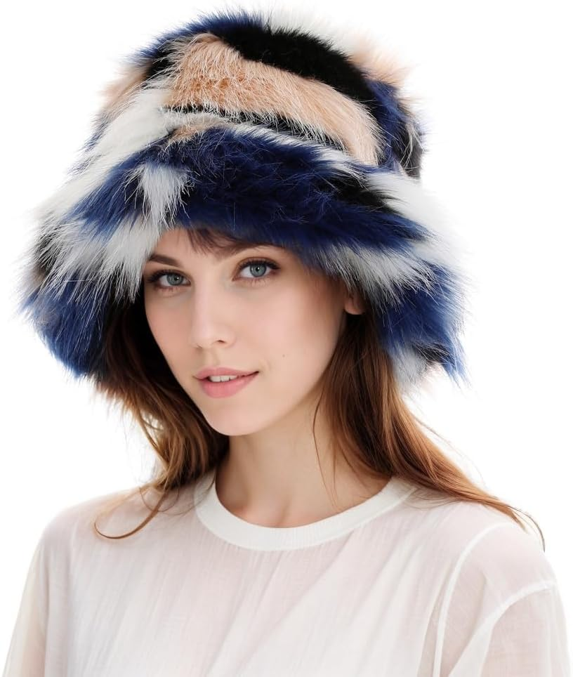 Tngan Rainbow Bucket Hat for Women Cute Faux Fur Fisherman Hat Fuzzy Winter Warm Cap Fluffy Hat for Outdoor Activities image number 5