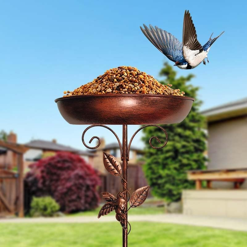Decorative Bird Bath Feeder, Copper Metal, 80Cm Height, Garden Bird Feeder with Beautiful Leaf and Bird Mofifs Design