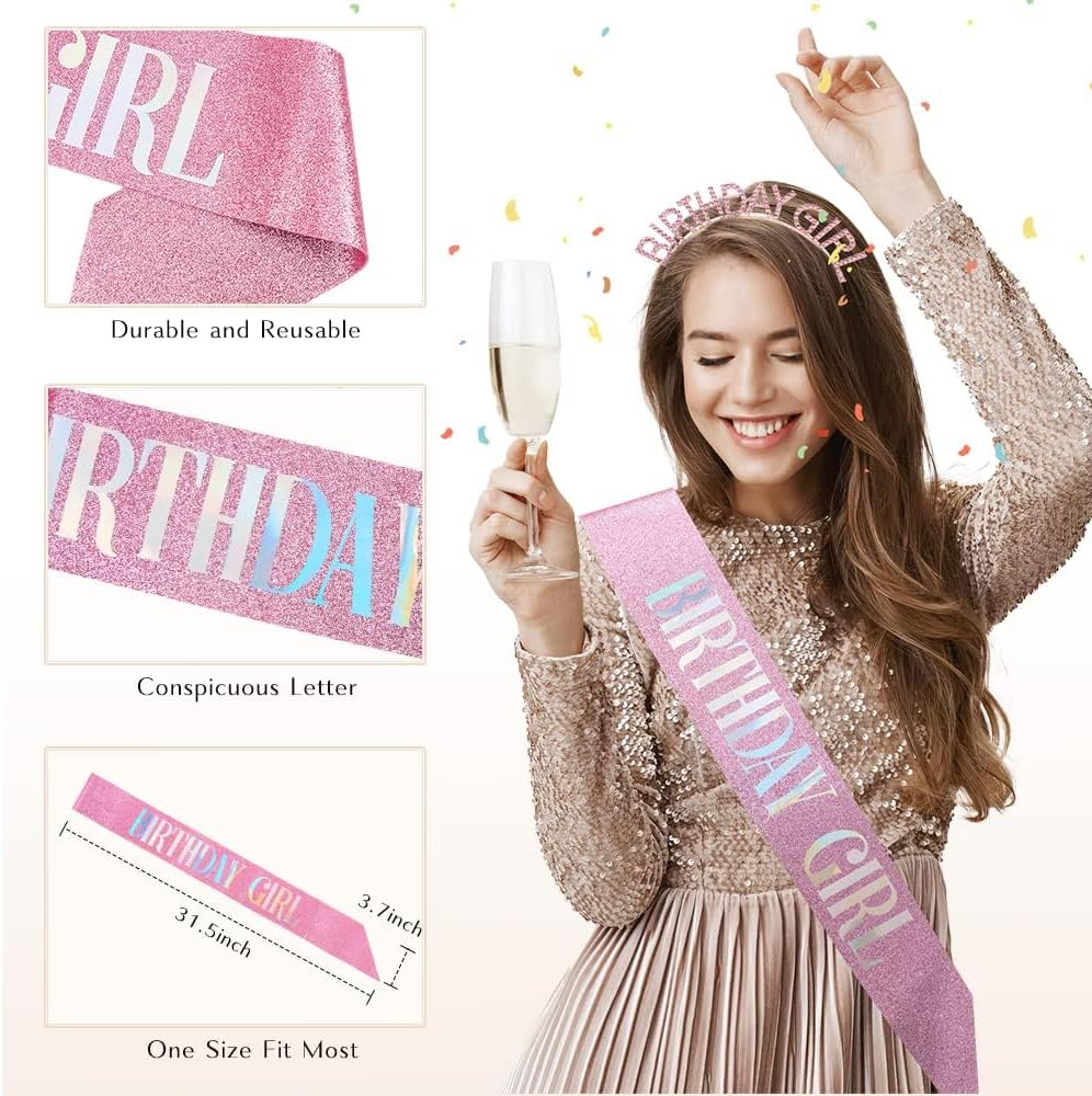 Birthday Girl Sash Crown Set - Sparkling Rhinestone Tiara for Women, Girls Party Birthday Gifts for Sister, Bestie, Daughter Princess Birthday Decor Accessories (Pink) - Gold Black image number 7