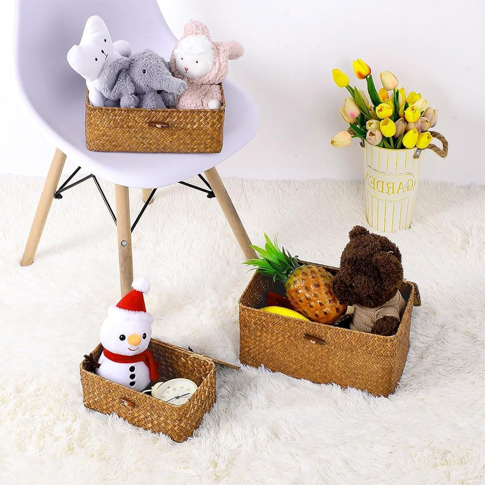 Set of 3 Woven Seagrass Storage Baskets with Lids &ndash; Decorative Rectangular Bins for Shelf, Closet, Pantry & Home Organization &ndash; Natural Wicker Boho Style Organizer image number 3