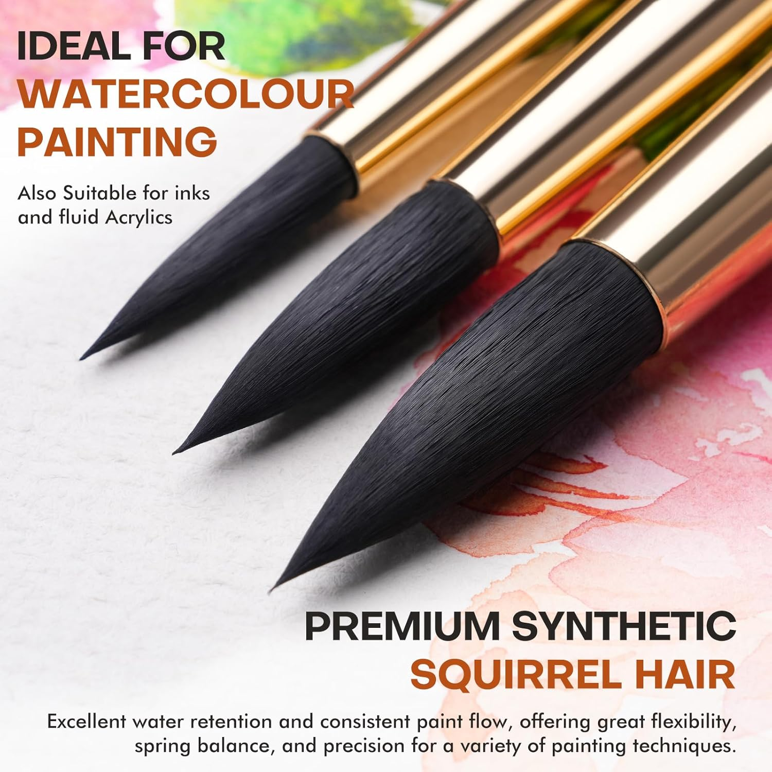 Watercolour Brushes Professional - 10Pcs Synthetic Squirrel Hair Watercolor Paint Brush Set for Artists - Flat, round Pointed, Dagger, Cat'S Tongue Oval Wash for Watercolour, Inks Painting image number 2