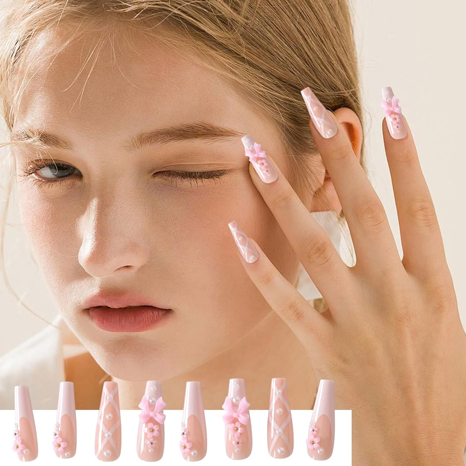 Pack of 24 Press on Nails, Artificial Nails with Adhesive Pads and Nail Files Buffers, Square Fingernails, Pink Nails for Sticking, Nails Ballet, for Women and Girls Nail Art image number 6