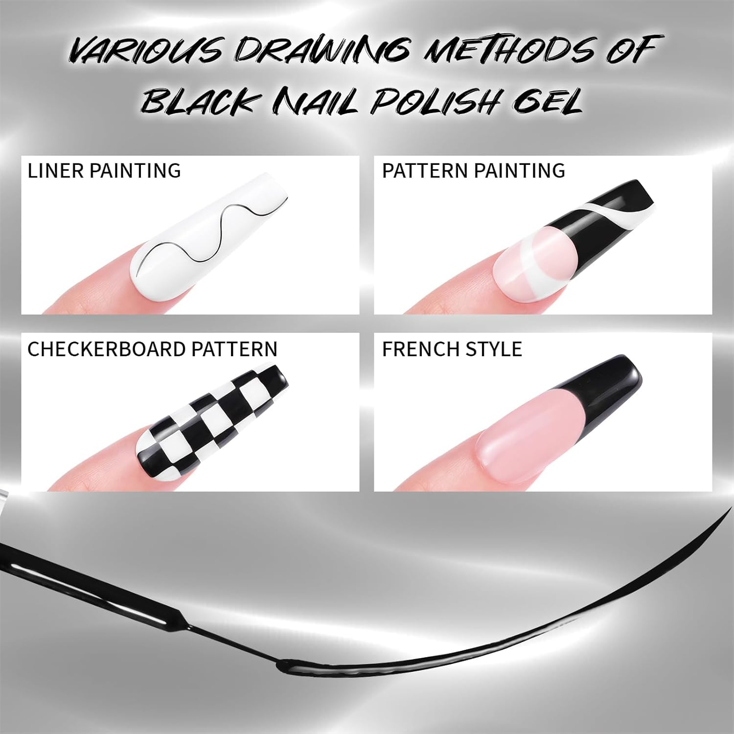 2X12Ml White and Black Painted Gel Nail Polish Set, Painting Line Gel (With Built-In Fine Brush), High Gloss Long-Lasting DIY Nail Art Home Nail Salon Gel Liner LED/UV Application. image number 5