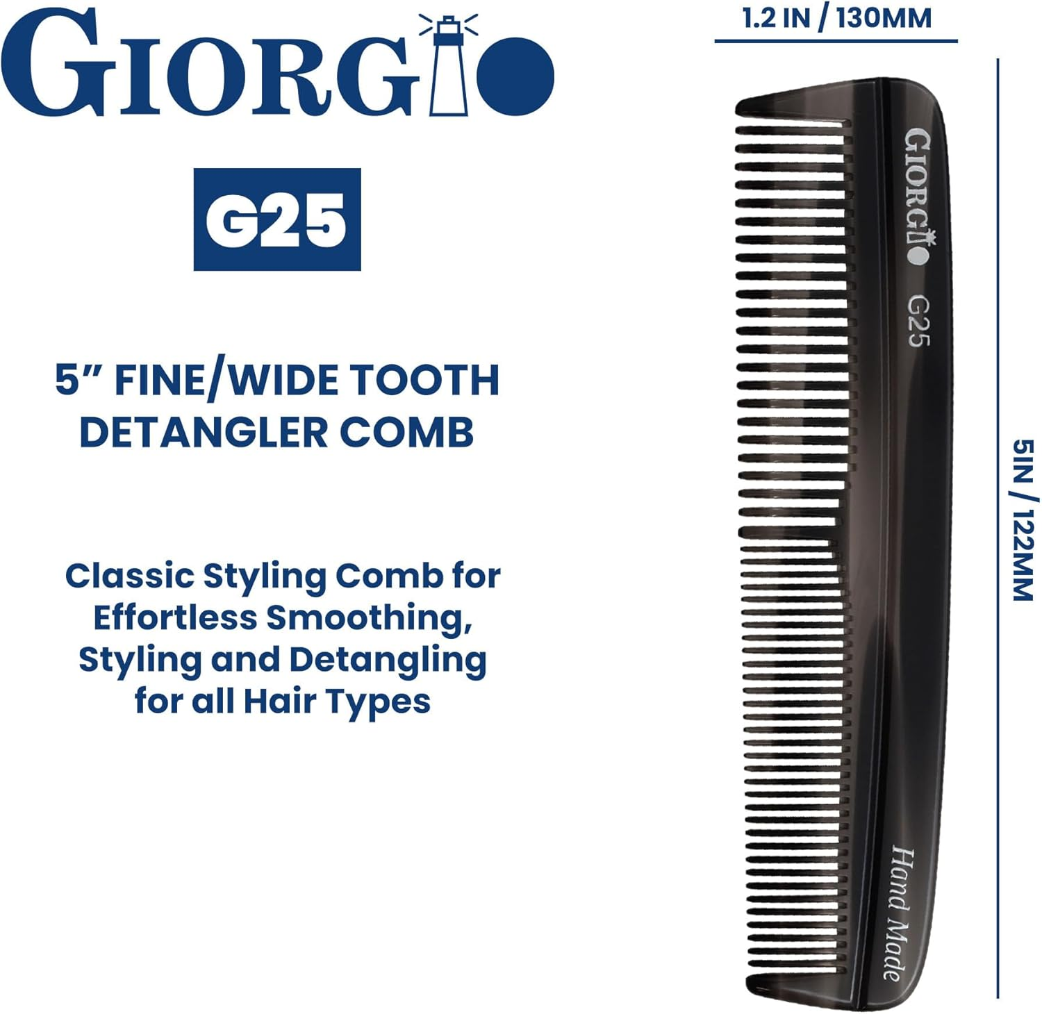 Giorgio G25 Finetooth and Widetooth Pocket Comb - Hair Styling Comb for Men and Women, Handmade Beard Combs for Men, Barber Combs, for Grooming,Saw Cut and Polished (Black Graphite) image number 5
