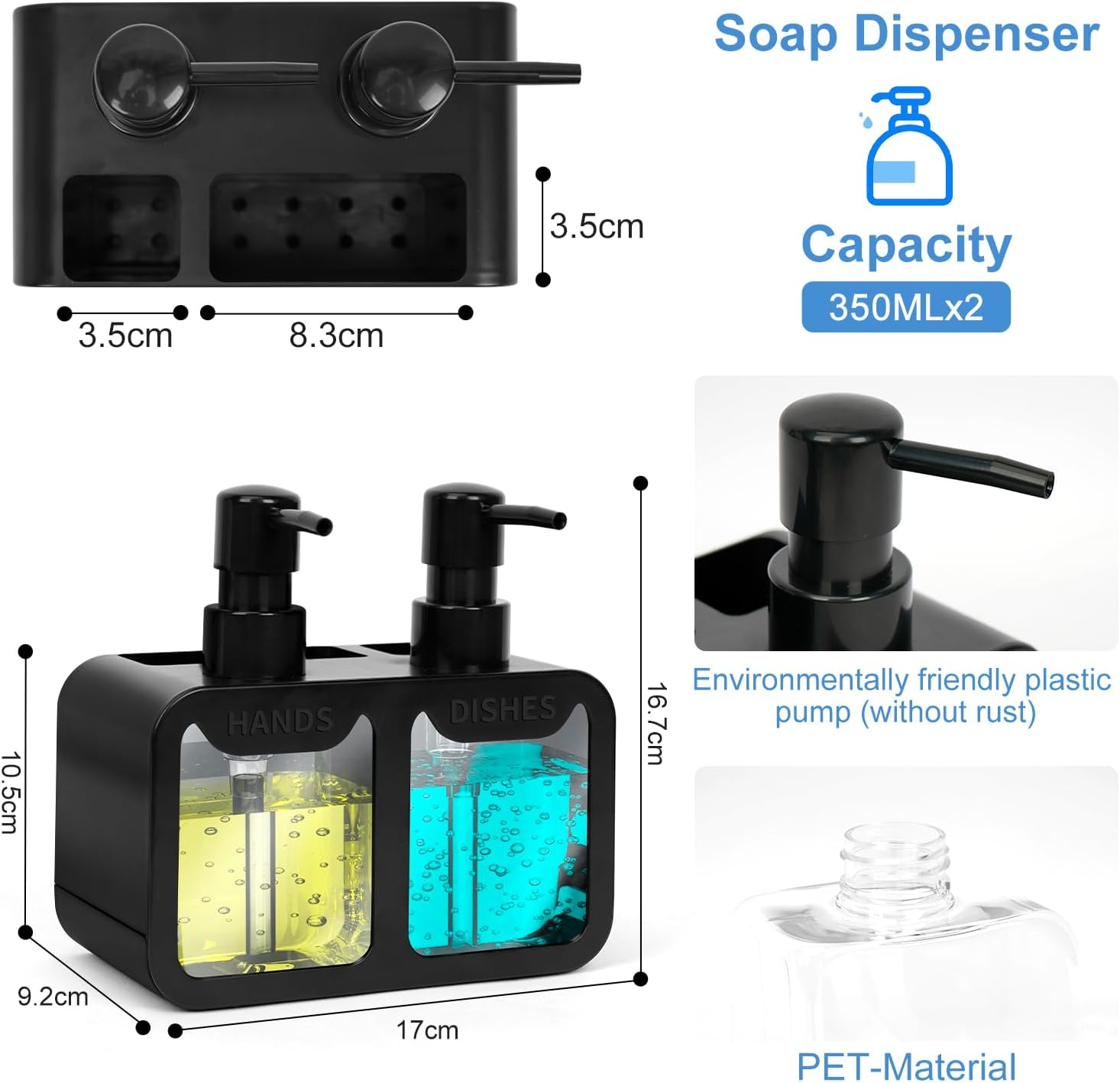 Kitchen Soap Dispenser with Silicone Funnel, Hand and Dish Soap Dispenser and Sponge Caddy and Brush Holder, 4 in 1 Countertop Organizer for Kitchen Sink(Black) image number 5