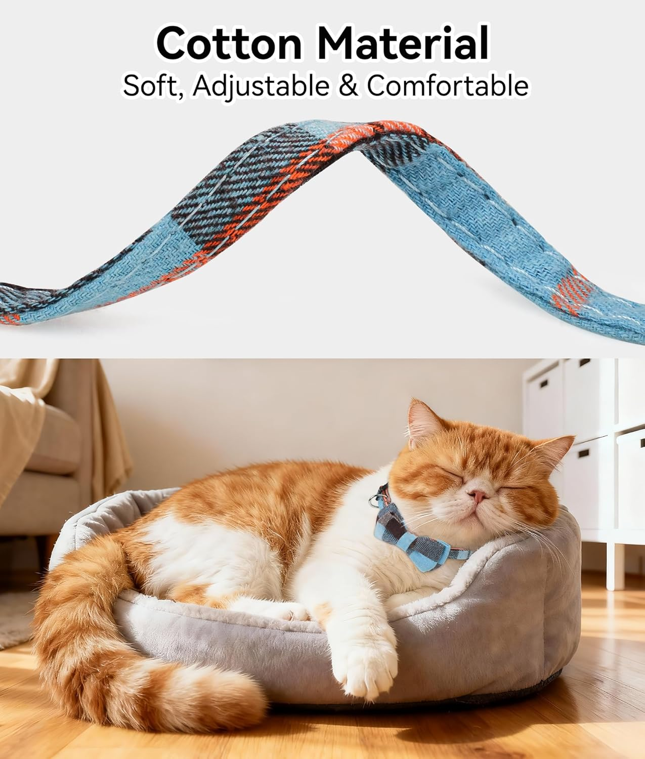 Joytale Breakaway Cat Collar with Bow Tie and Bell, Cute Plaid Patterns, 1 Pack Kitty Safety Collars,Haze Blue image number 4