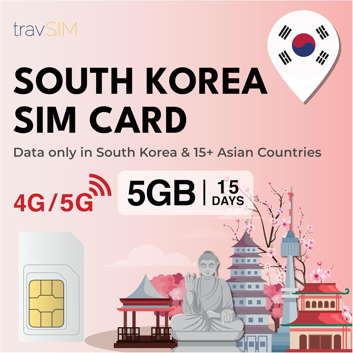 Travsim SIM Card for South Korea | 10GB Mobile Data | Free Roaming in Japan and over 15 Asian Countries | the SIM Card Plan for South Korea Is Valid for 15 Days.