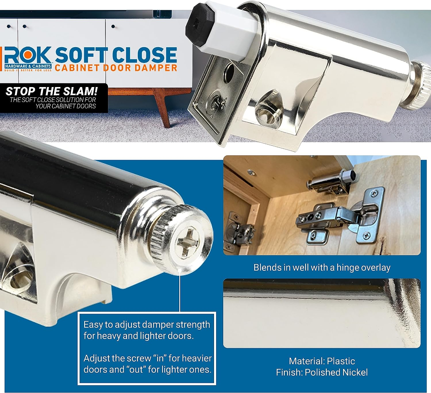 Rok Hardware 25 Pack Soft Close Damper for Cabinet Doors/Compact/Soft Close Adapter/Hardware/Nickel/Hinge