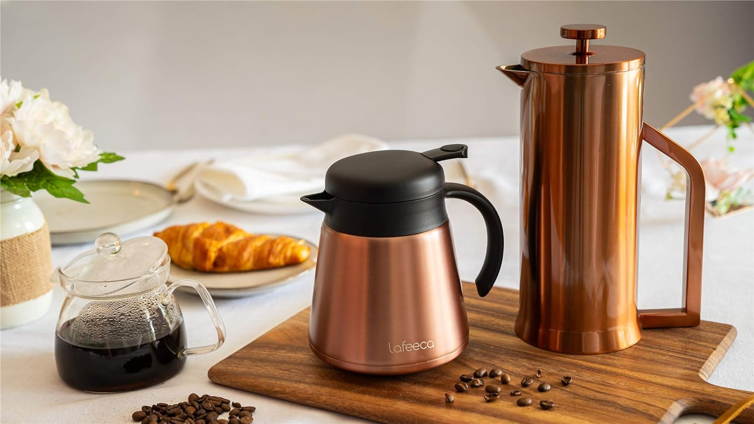 Lafeeca Thermal Coffee Carafe Tea Pot Stainless Steel, Double Wall Vacuum Insulated | Cool Touch Handle | Hot & Cold Retention | Non-Slip Silicone Base | BPA Free Copper image number 1