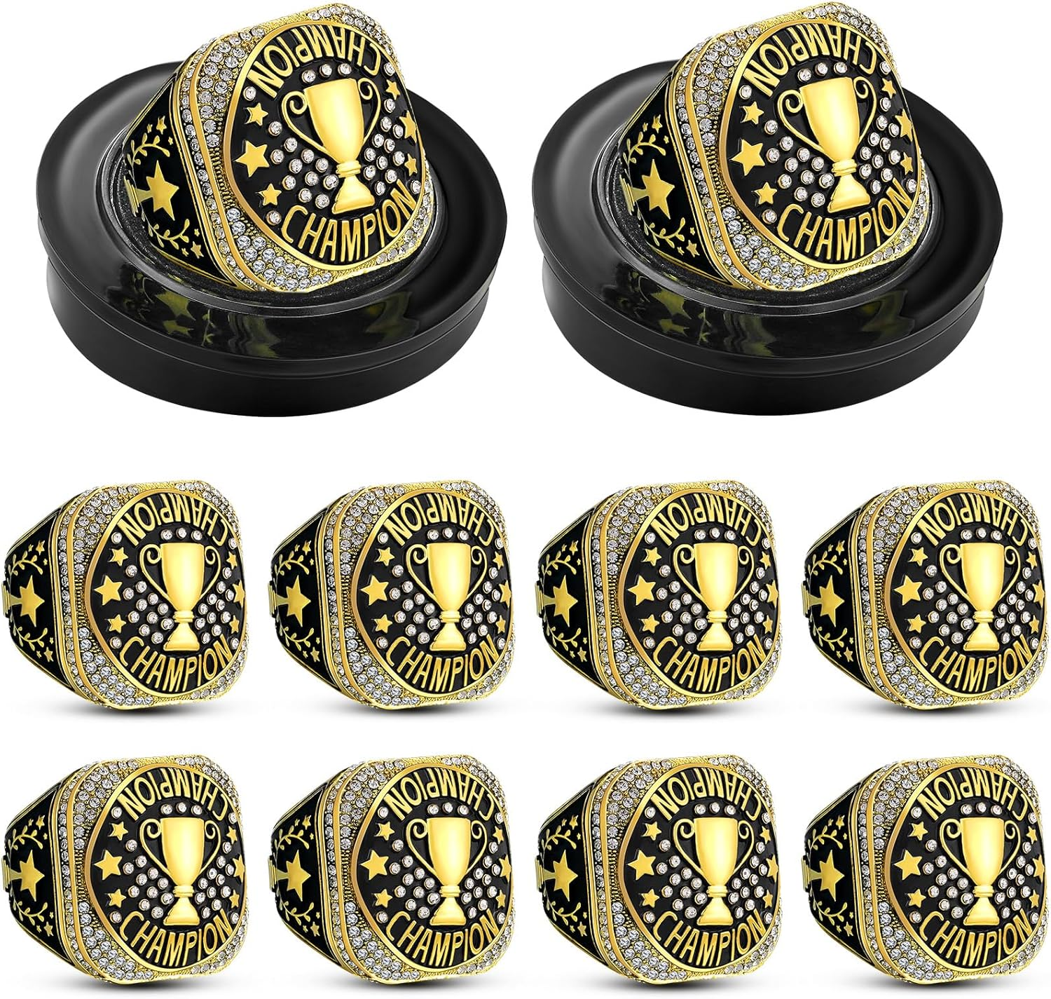 Highergo 10 Pcs Championship Rings with Display Neck Chain and Stand Baseball Soccer Volleyball Champion Rings MVP Most Valuable Trophy Rings for Tournament Winner Award Gift image number 2