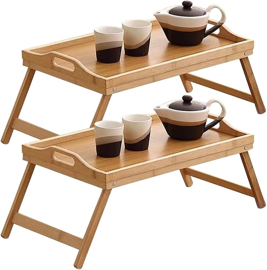 Clevinger Bamboo Bed Breakfast Tray, Breakfast Serving Table with Foldable Legs & Handles, Used as Laptop Computer Desk Snack Table TV Table,Snack Tray for Kids,Couples,Sofa,Eating,Working (1 Pack)
