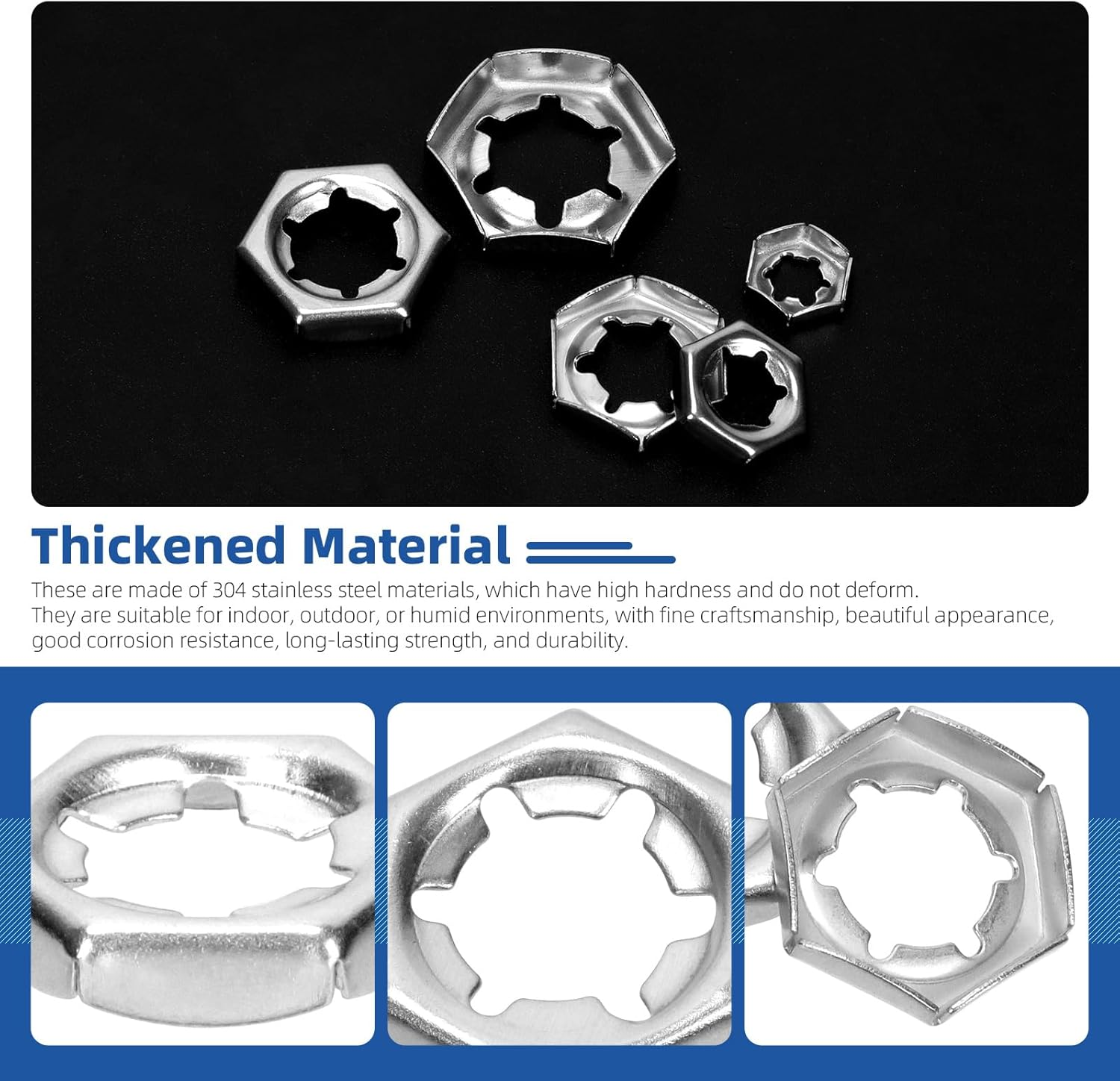 Glarks 105Pcs M6 M8 M10 M12 M14 Push on Lock Nuts Assortment Kit, 304 Stainless Steel External Push Rings Nuts, Quick Speed Locking Nut, Internal Tooth Star Lock Nut for Shaft and Stud - Silver image number 3