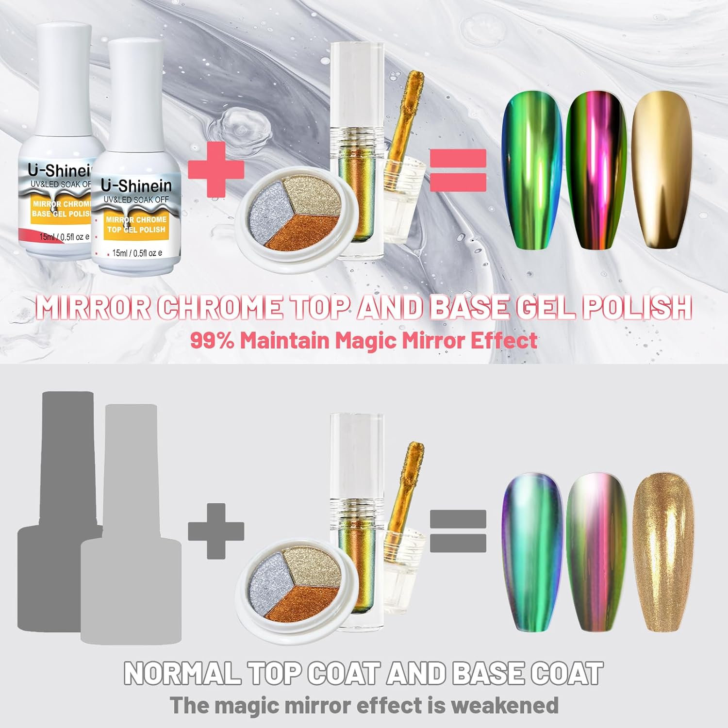 15Ml Base Coat for Metallic Painting Gel, No Wipe Base Gel Polish for Metallic Gel Nail Polish, Chrome Nail Polish, Chrome Nail Powder, Mirror Nail Gel, Easy to Make Mirror Chrome Effect image number 4