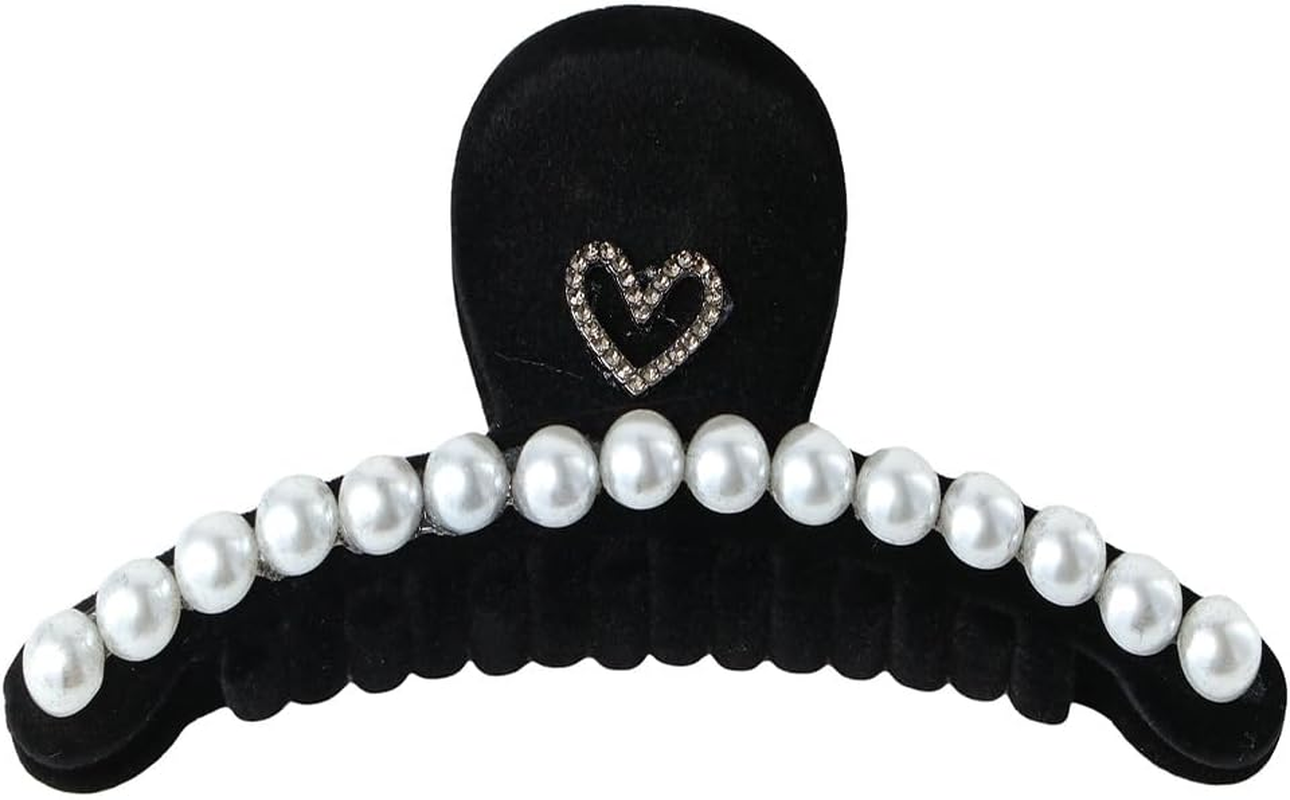 2Pcs Elegant Rhinestone Love Heart Hair Claw Clip Black Large Hair Claw Clip for Women Girl Fashion Pearl Hairpin Headwear Ponytail Holder image number 4