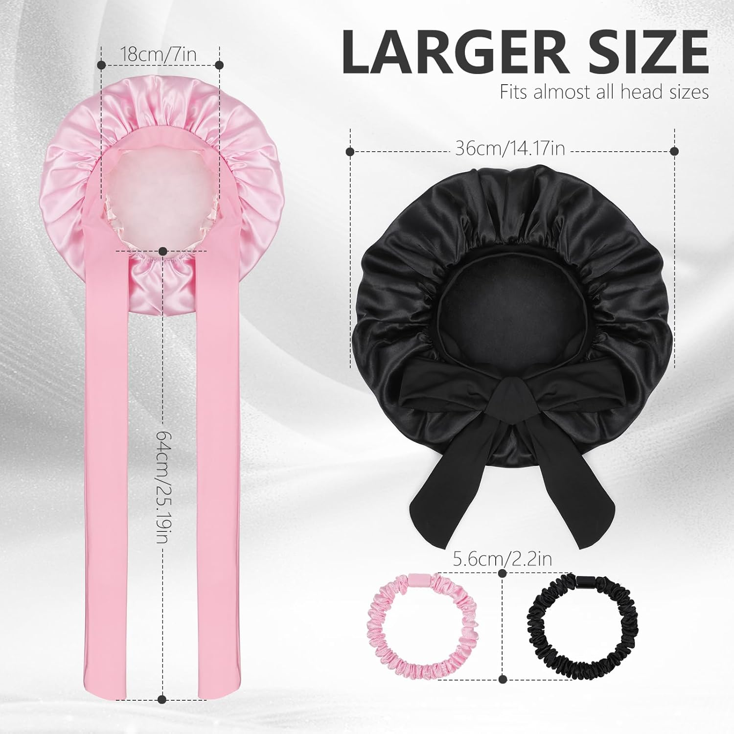 Bigqin Satin Bonnet Silk Bonnet for Sleeping, 2 Pack Hair Bonnet Night Sleep Cap with Tie Band Head Wrap Bonnets for Women and Girls Curly Natural Hair, Black & Pink