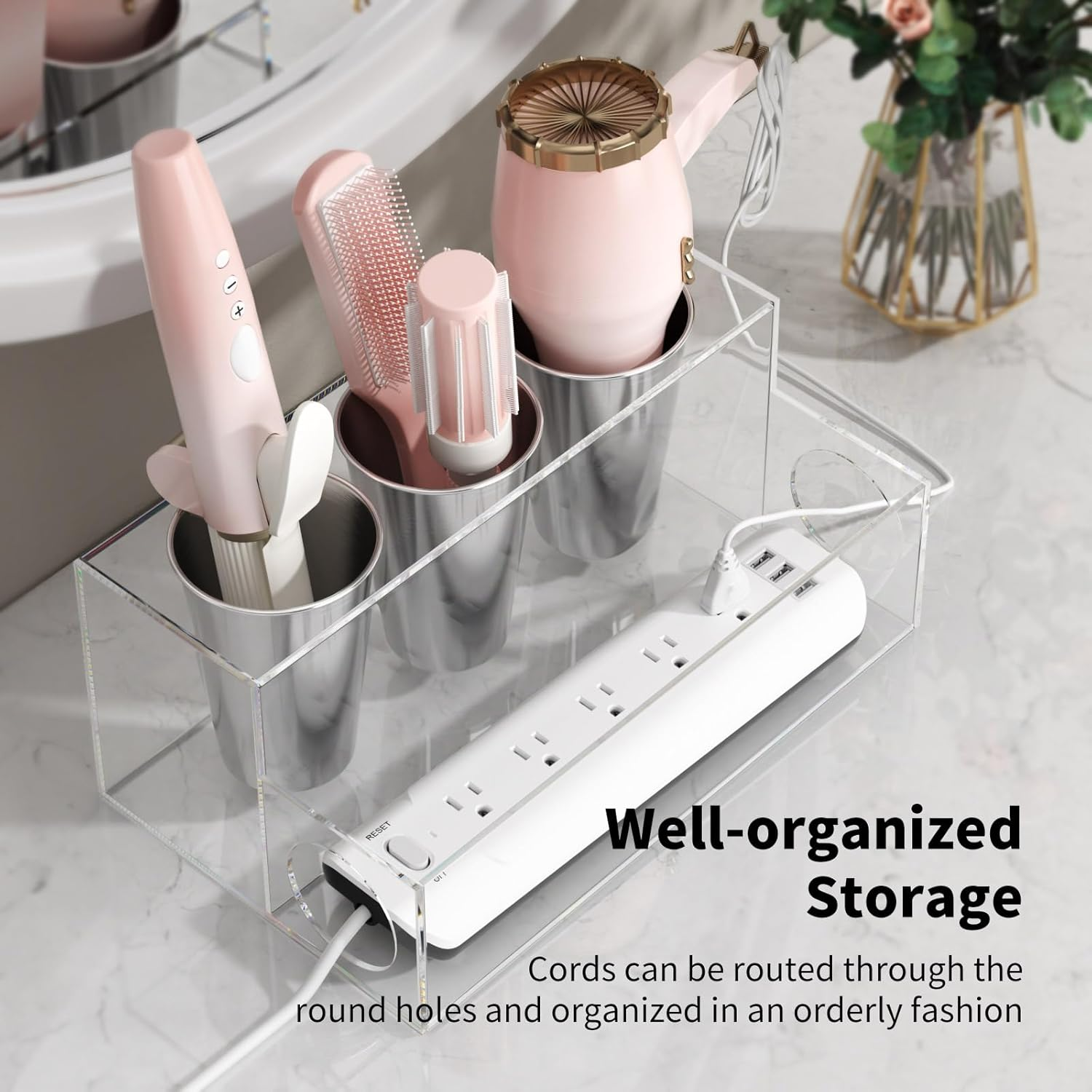 NIUBEE Hair Tool Organizer, Clear Acrylic Hair Dryer and Styling Organizer, Bathroom Countertop Blow Dryer Holder, Vanity Caddy Storage Stand for Accessories, Makeup, Toiletries image number 3