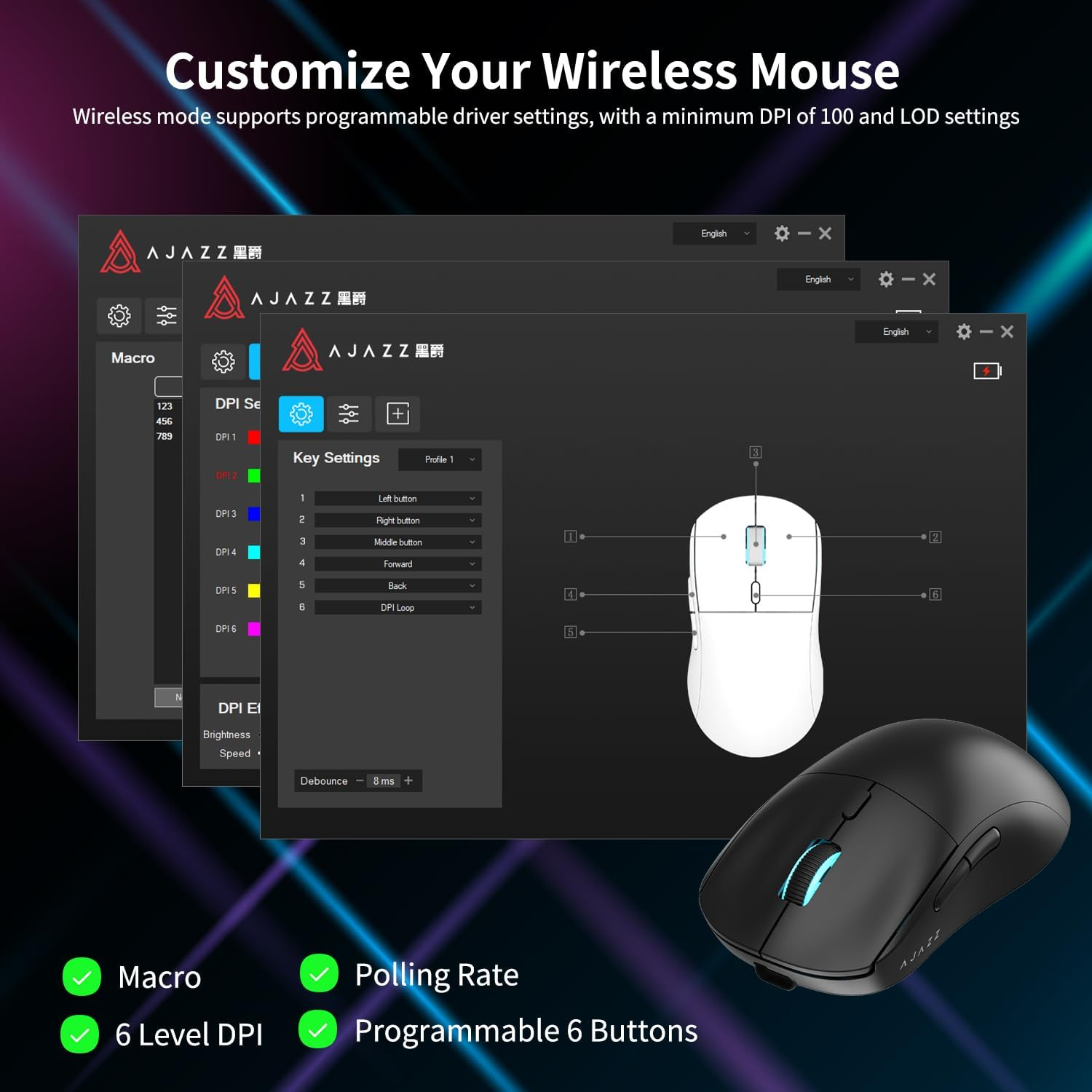 AJAZZ AJ199 60G Ultra Lightweight Wireless Gaming Mouse | Programmable 6 Buttons | 26K Optical Sensor| Replaceable Honeycomb Cover Rechargeable Computer Mice for PC Mac Gamer (Black) image number 5