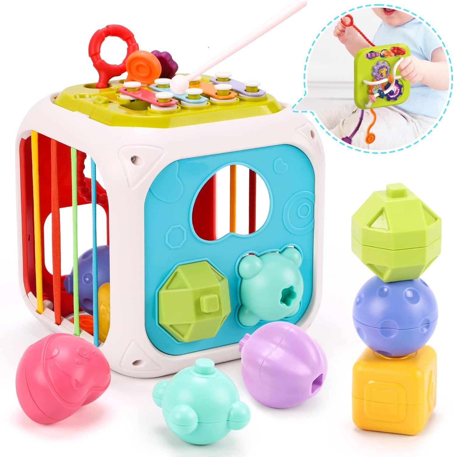 Qizebaby Montessori Toys for Babies 0-3-6-12 Months，Baby Stacking Toys Games，Shape Sorter Toddler Toys with Storage Cube，Kid Boy Girl Birthday Gifts image number 4