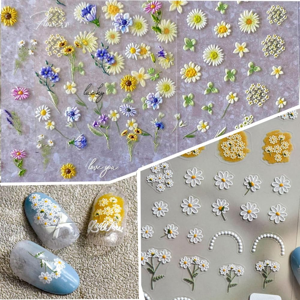 3Sheets 5D Nail Art Sticker Embossed French Pearls Flowers Sunflower Daisy Spring Self-Adhesive Nail Art Decal Supplies Stick Tip for Salon DIY Acrylic Nails Design (Flower) image number 1