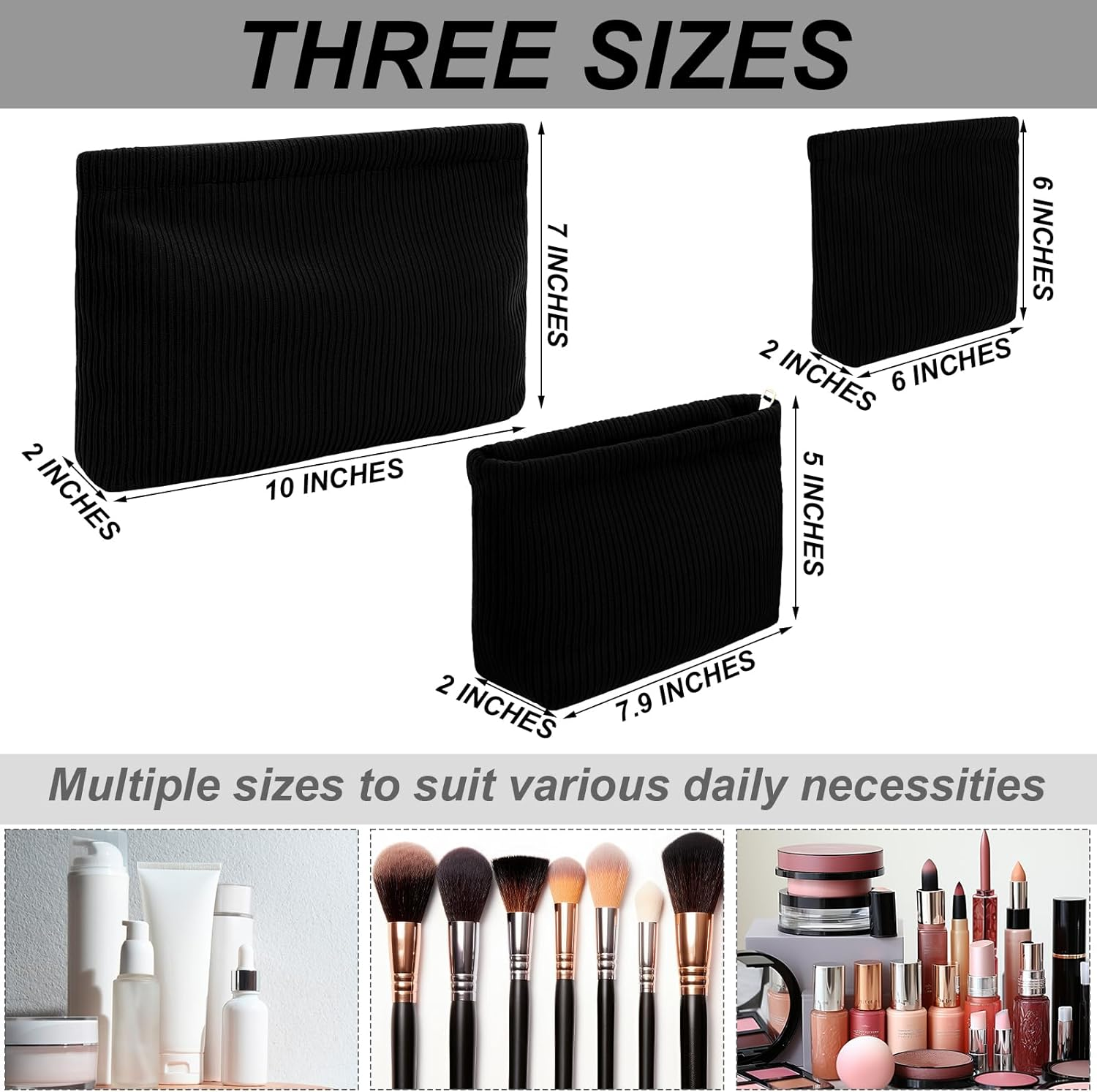 Sanwuta 3 Pack Corduroy Makeup Bag Set Cosmetic Toiletry Travel Pouch Organizer Velvet Makeup Bag for Women Large Pouch Zipper Purse Make up Organizer, Women Girls Gift, Black, Corduroy