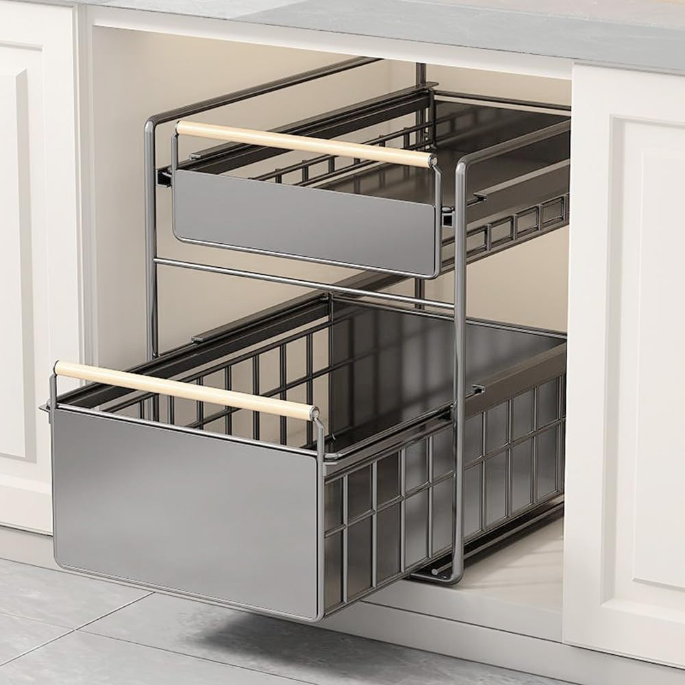 Leona Co Pull Out 2 Tier Metal Cabinet Organizer with Solid Wood Handle - No Assembly Required, Durable Mesh Design - Multi-Purpose Storage for Kitchen, Bathroom, Office (Large)