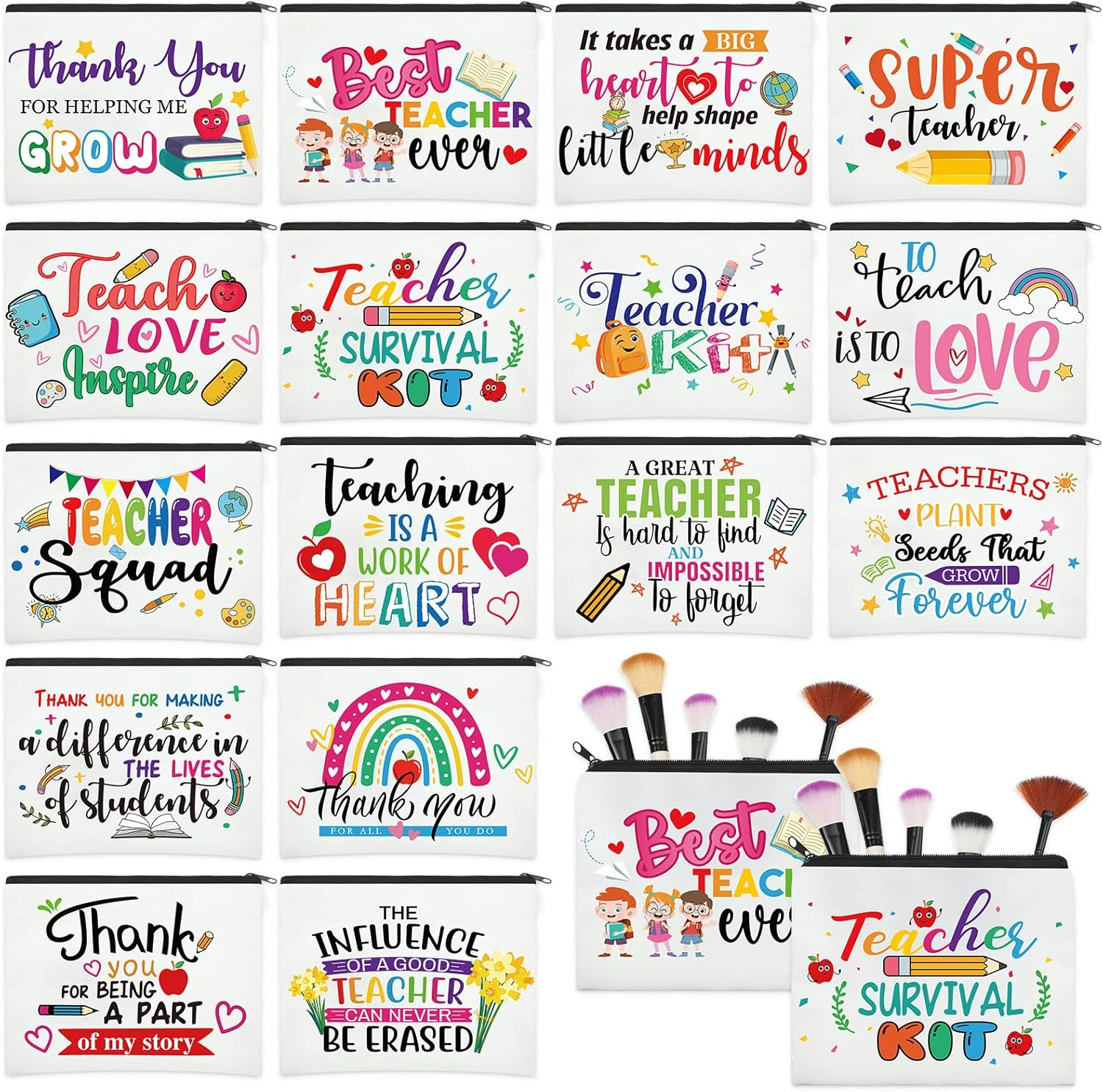 Hillban 32 Pieces Teacher Back to School Gifts Teacher Appreciation Gifts Women Cosmetic Makeup Bag Funny Pencil Pouch for Graduation Birthday, Multicolor, about 9.1 X 5.9 Inches/ 23 X 15 Cm, Cute